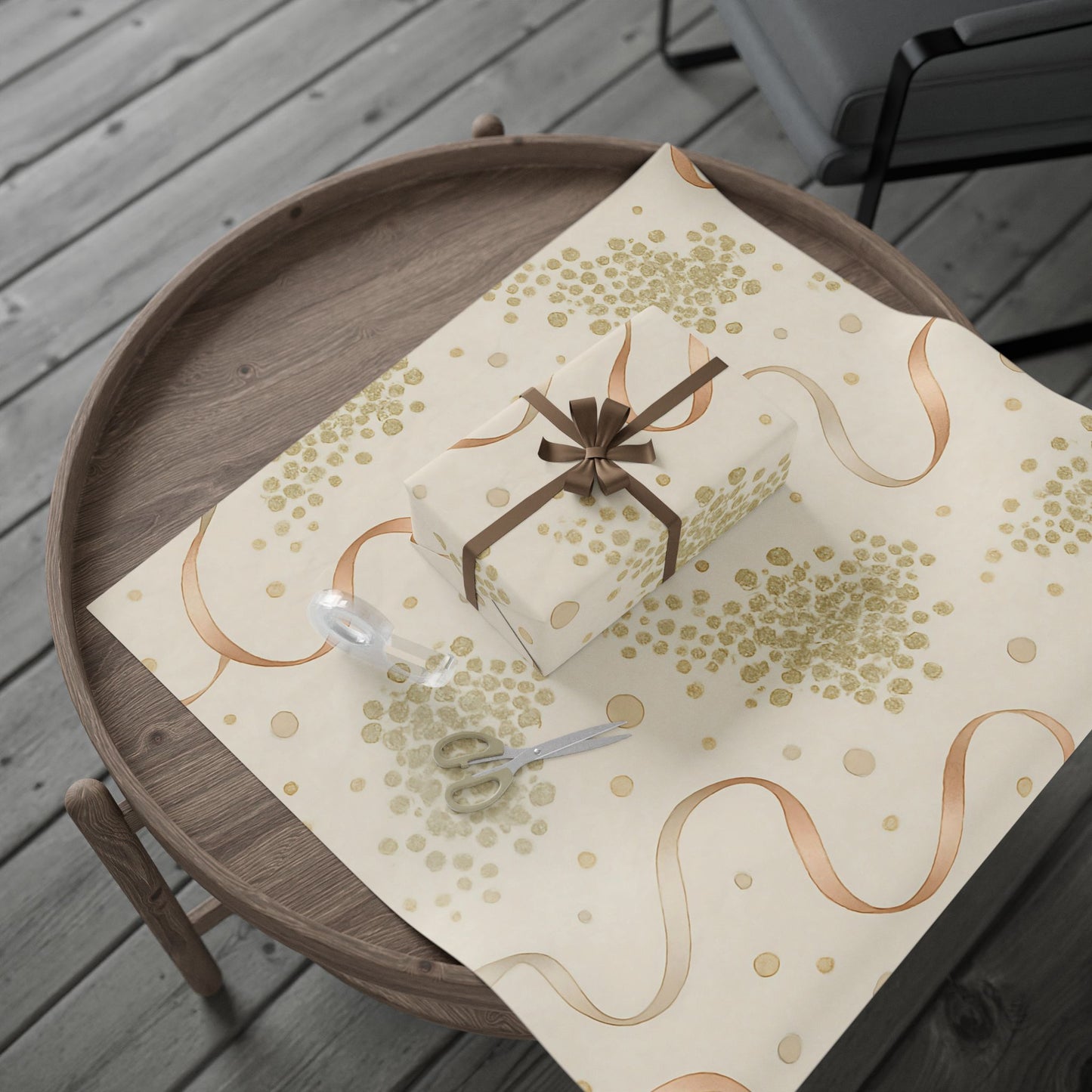Elegant Gold Confetti & Ribbon Wrapping Paper – Luxurious Gift Wrap in Glossy or Matte Finish