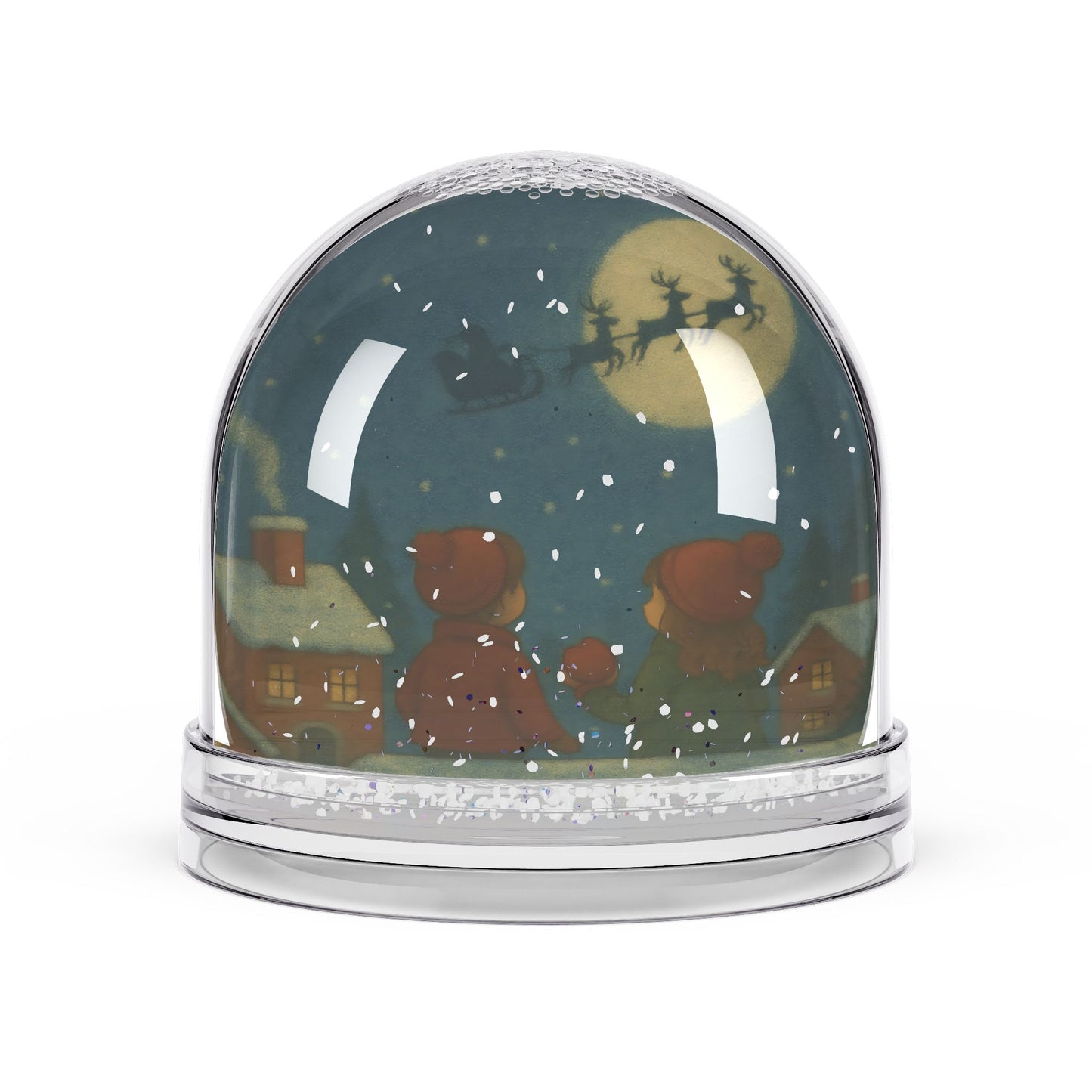 Santa’s Sleigh Christmas Snow Globe – Cozy Winter Scene with Moonlight & Children