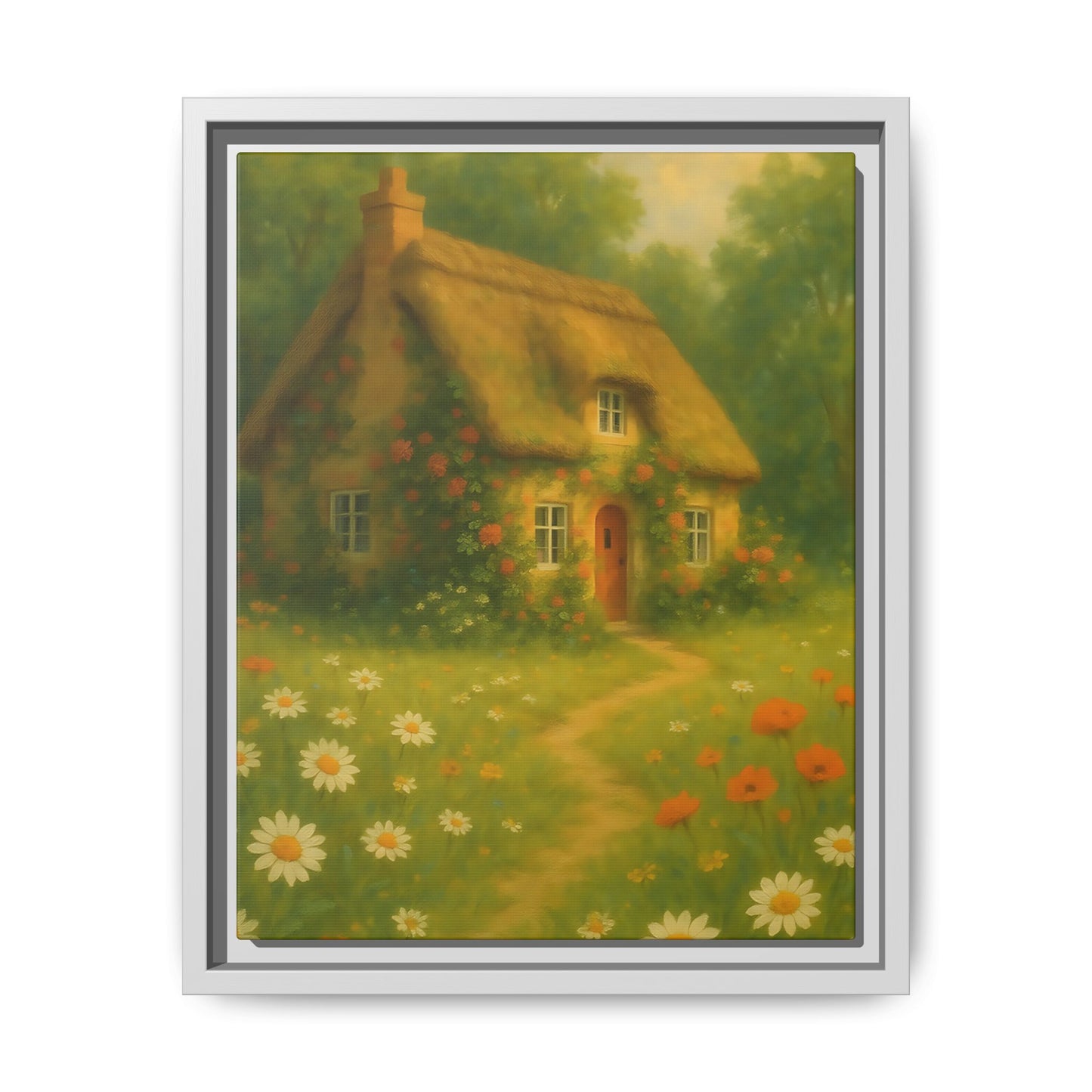 Cottage in Bloom – Framed Matte Canvas Art of Thatched Cottage & Wildflowers