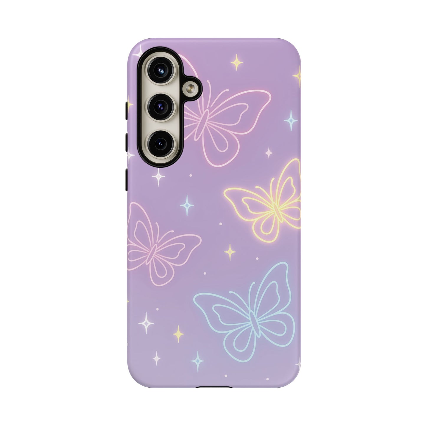 Pastel Butterfly Dream Phone Case – Purple Neon Glow with Stars