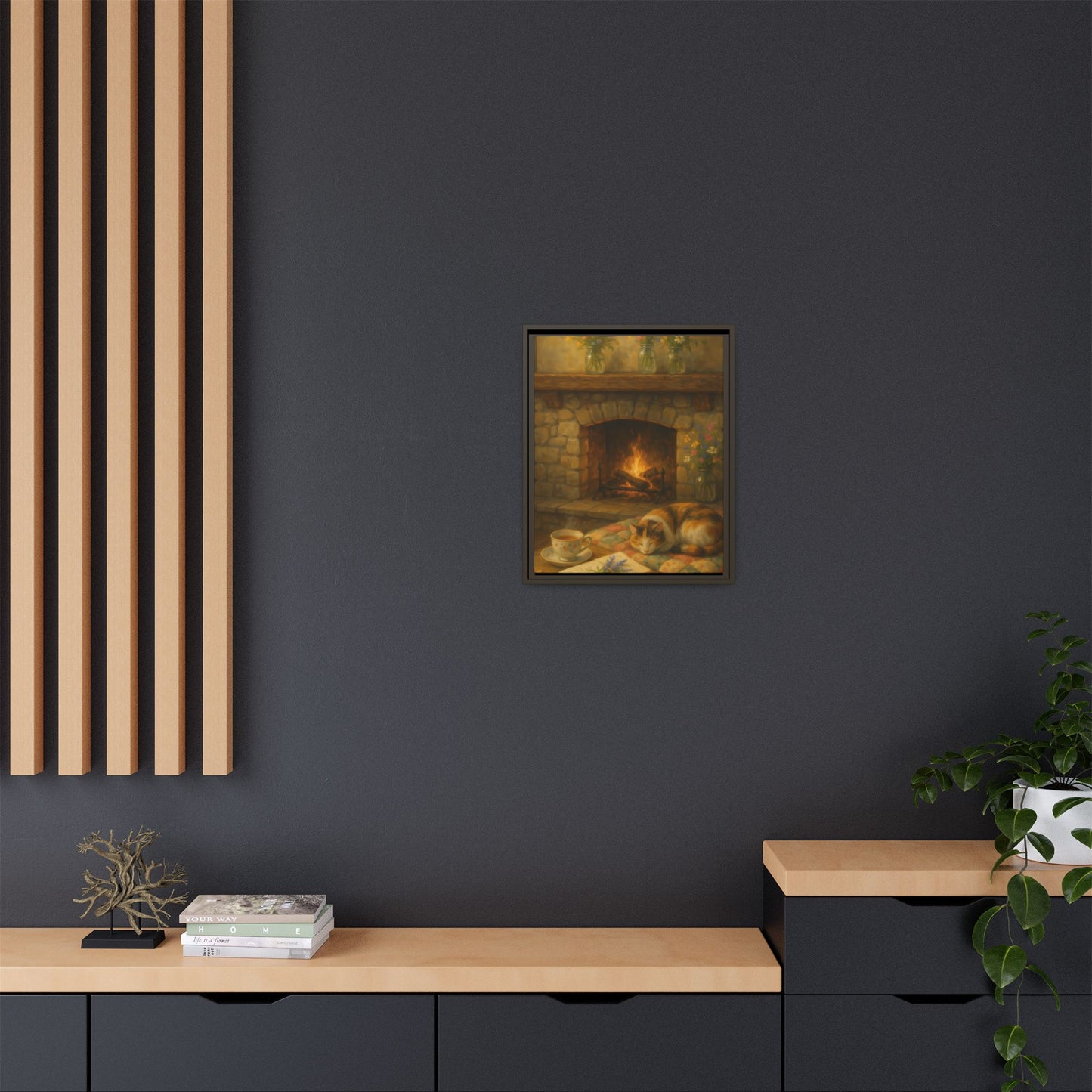 Hearthside Comfort – Framed Matte Canvas with Cat, Fireplace & Tea