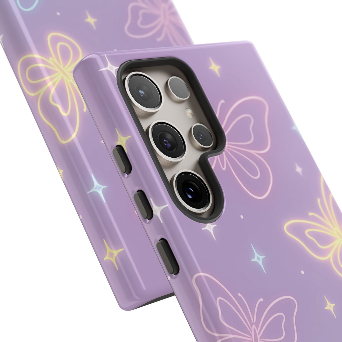 Pastel Butterfly Dream Phone Case – Purple Neon Glow with Stars