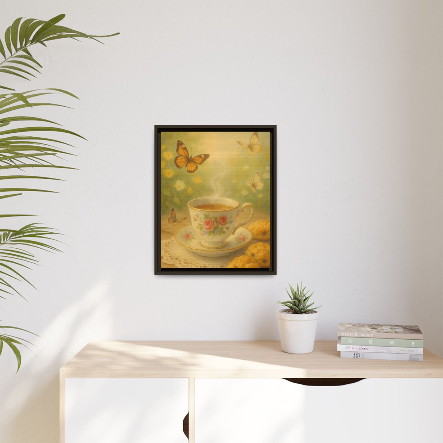 Tea & Butterflies – Framed Matte Canvas of Vintage Teacup and Garden Scene