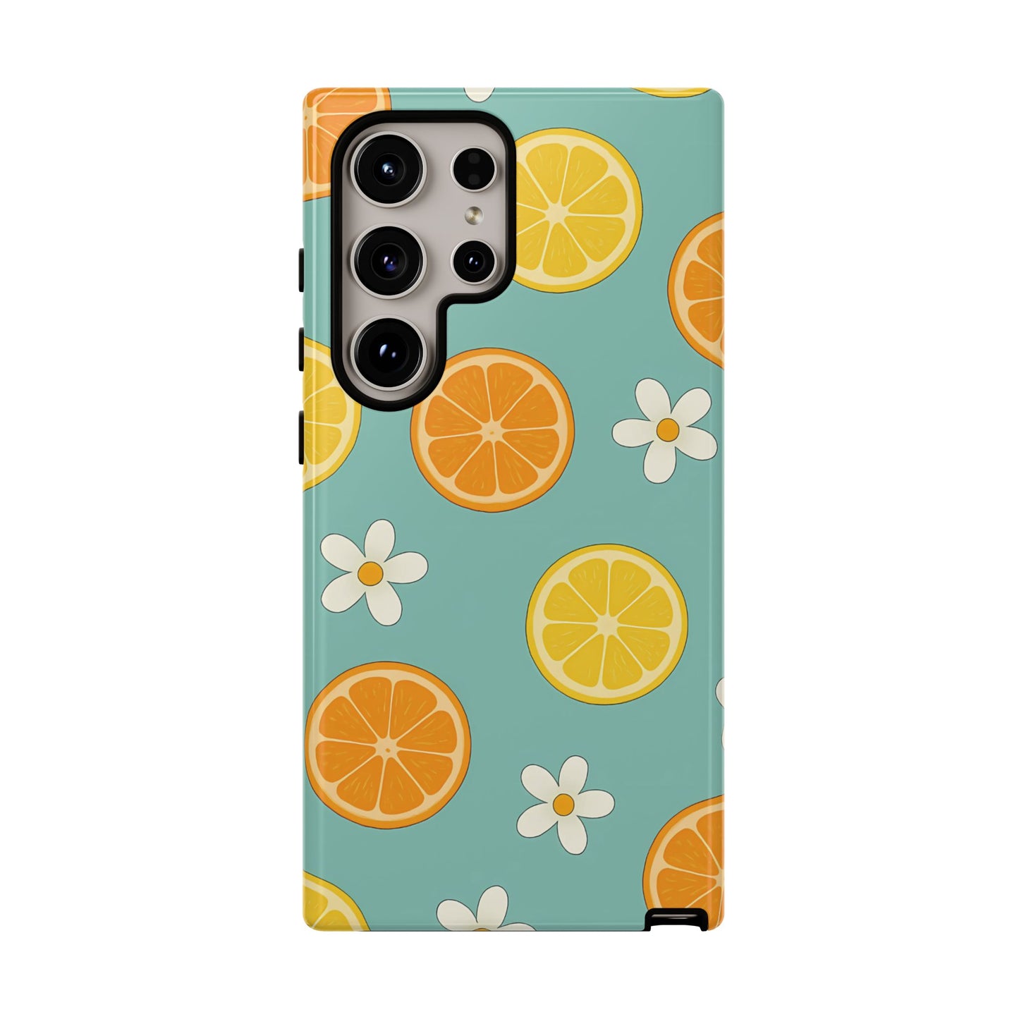 Citrus Bloom Phone Case – Orange, Lemon & Daisy Pattern on Teal