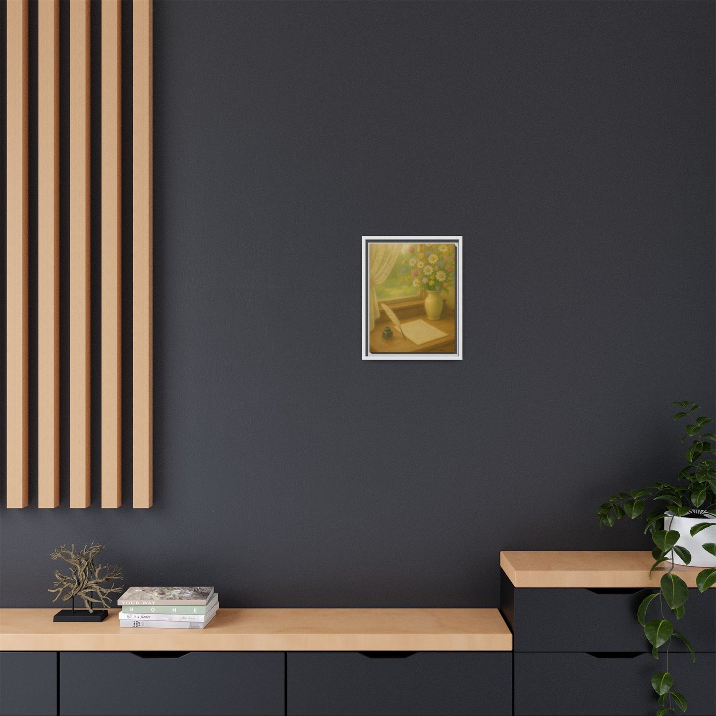 Sunlit Writing Desk – Framed Matte Canvas Art of Quill, Flowers & Lace Window