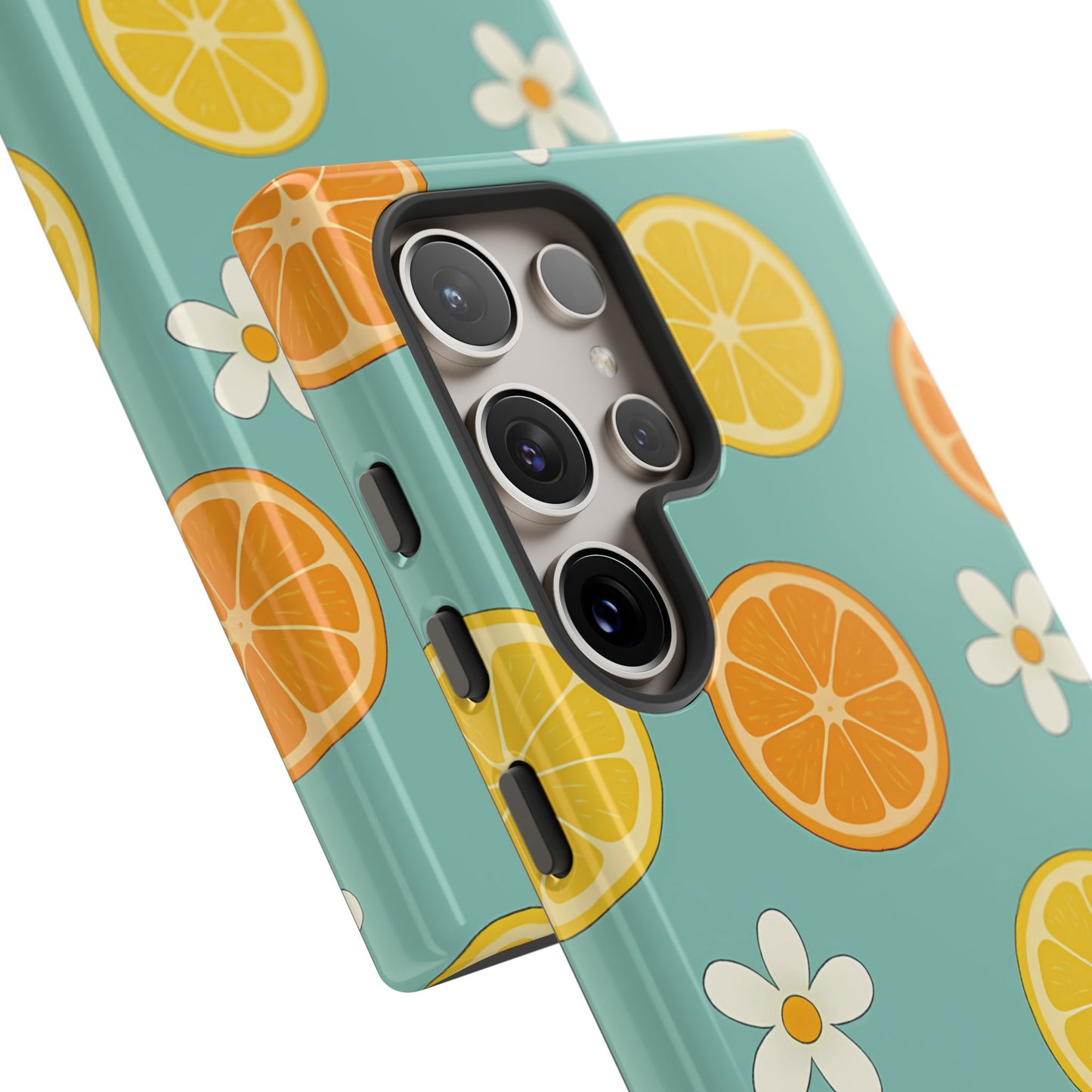 Citrus Bloom Phone Case – Orange, Lemon & Daisy Pattern on Teal