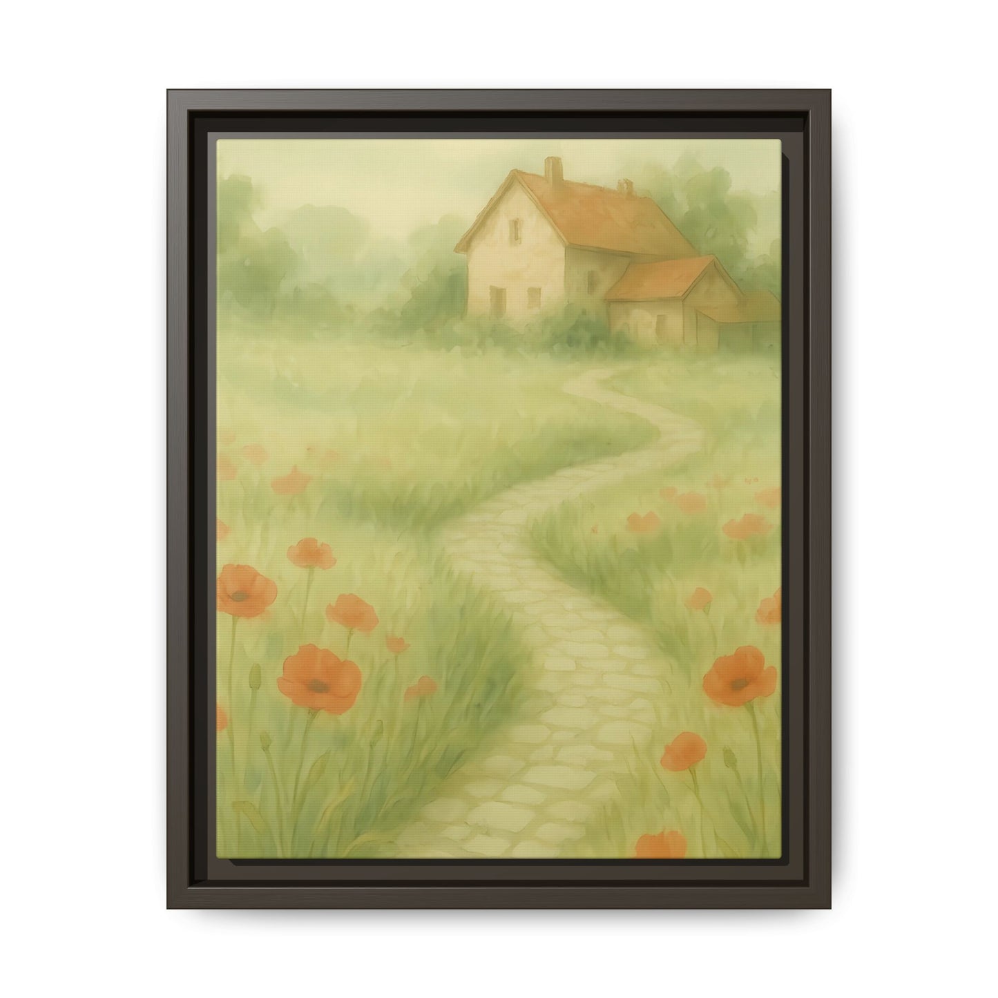 Poppy Path to Home – Framed Matte Canvas of Cottage & Flower Field Landscape