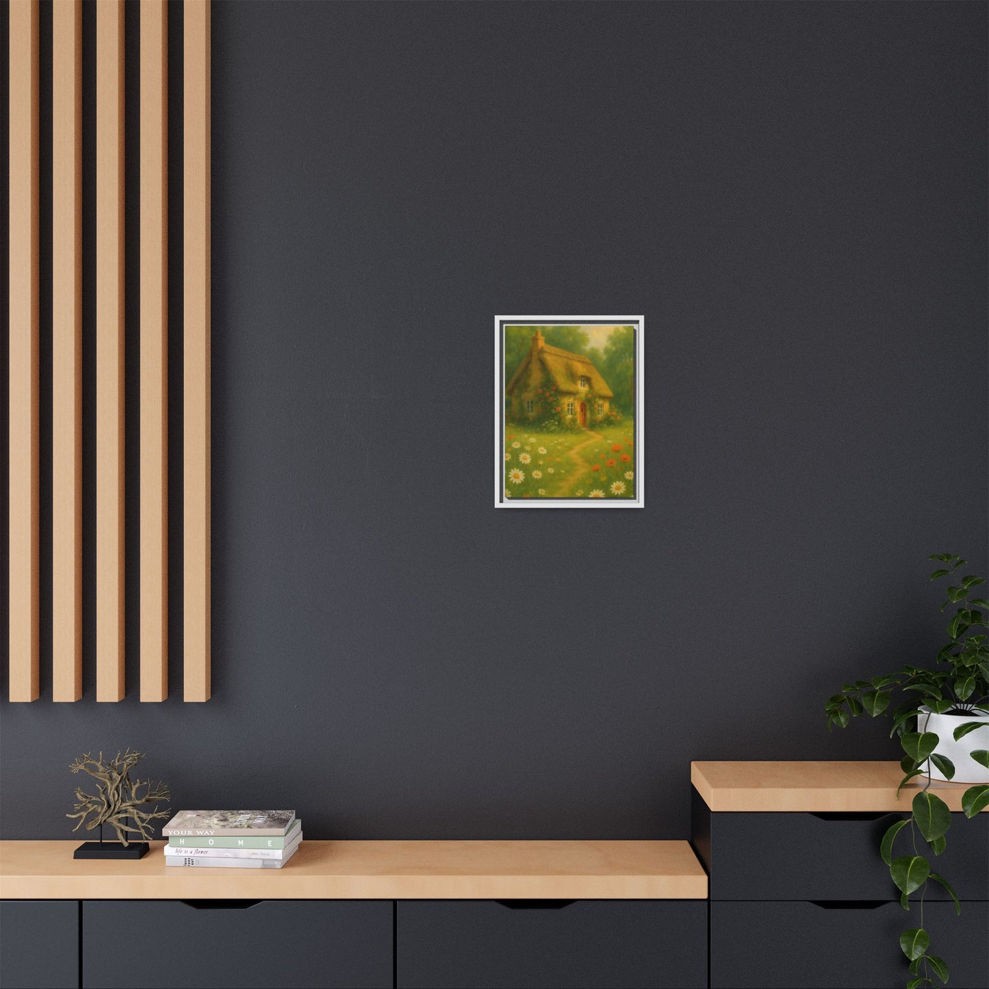 Cottage in Bloom – Framed Matte Canvas Art of Thatched Cottage & Wildflowers