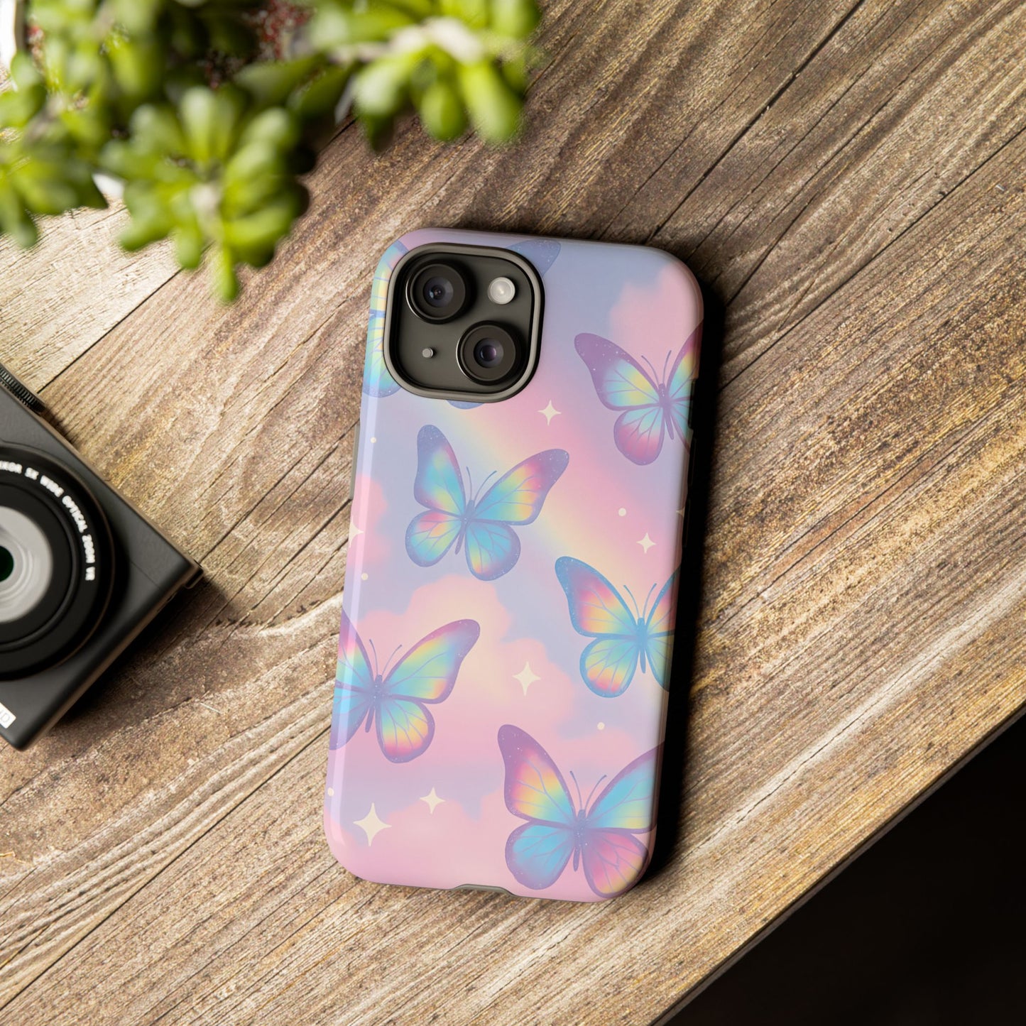 Rainbow Pastel Butterfly Phone Case – Dreamy Clouds & Iridescent Glow