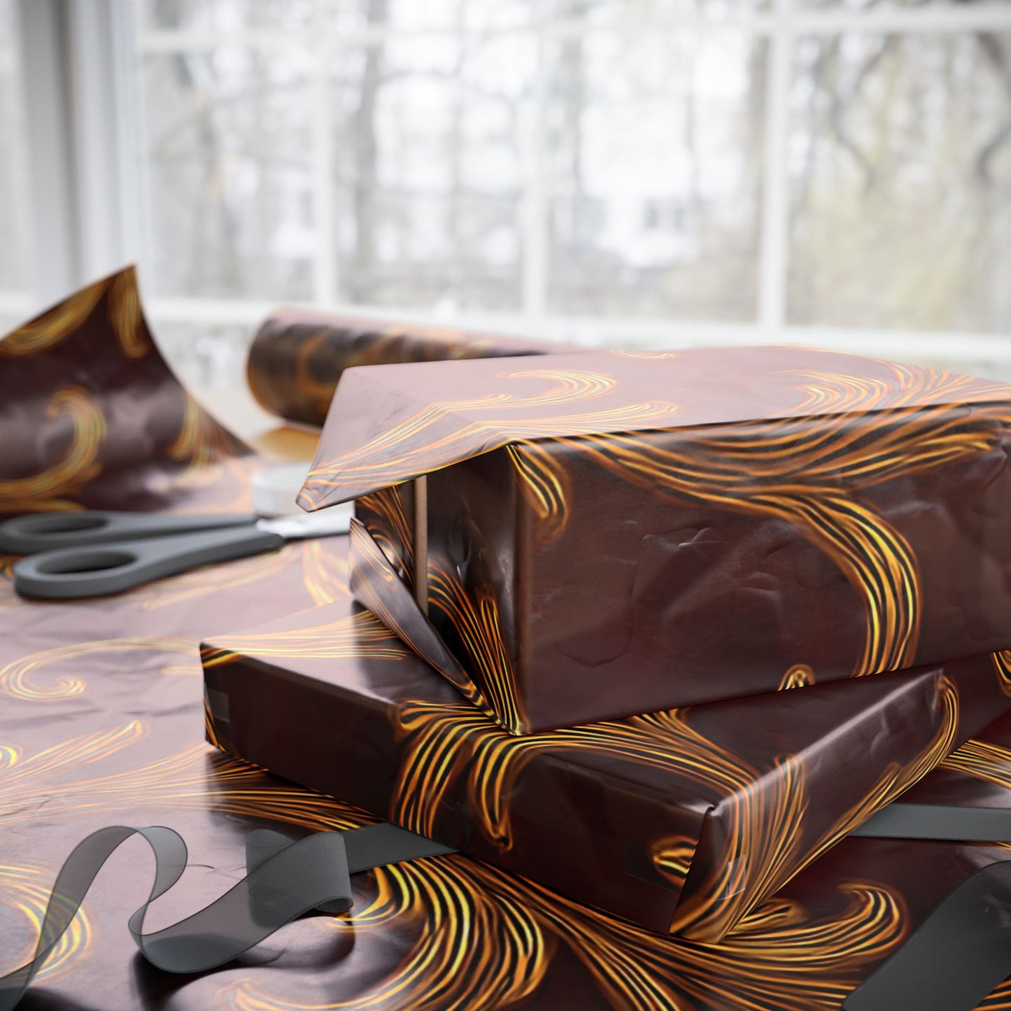 Burgundy & Gold Baroque Scroll Wrapping Paper – Luxurious Gift Wrap in Glossy or Matte Finish