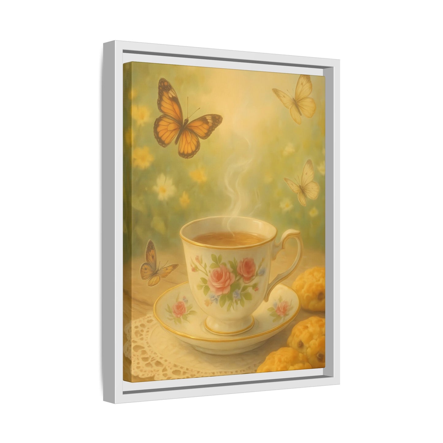 Tea & Butterflies – Framed Matte Canvas of Vintage Teacup and Garden Scene