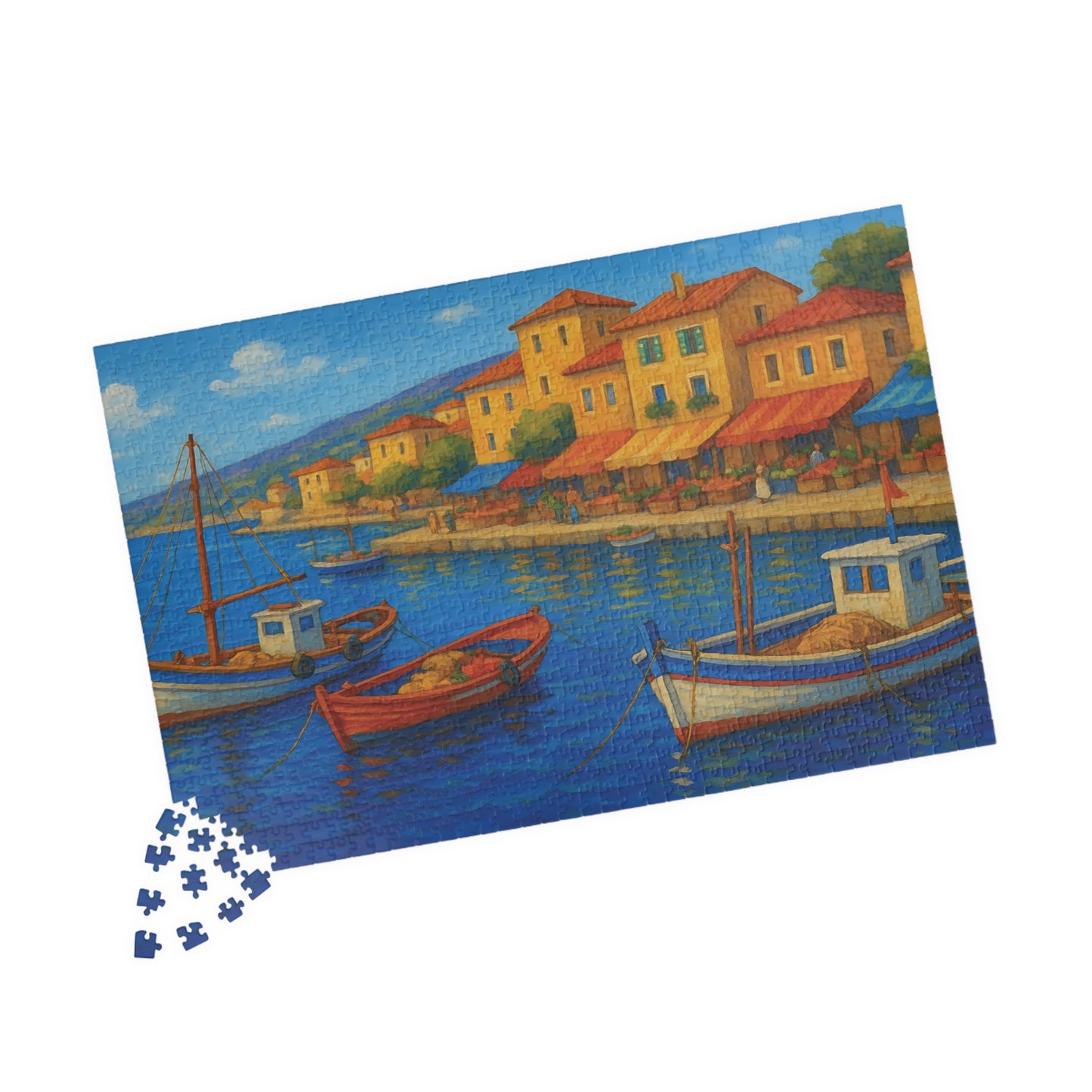 Mediterranean Harbor Jigsaw Puzzle – Colorful Coastal Village with Fishing Boats