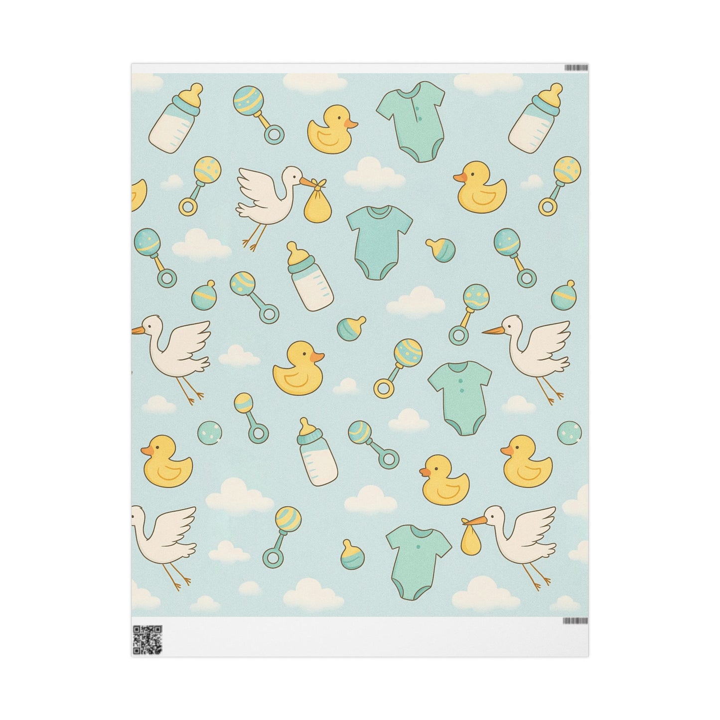 Baby Shower Wrapping Paper – Storks, Ducks & Baby Essentials on Sky Blue