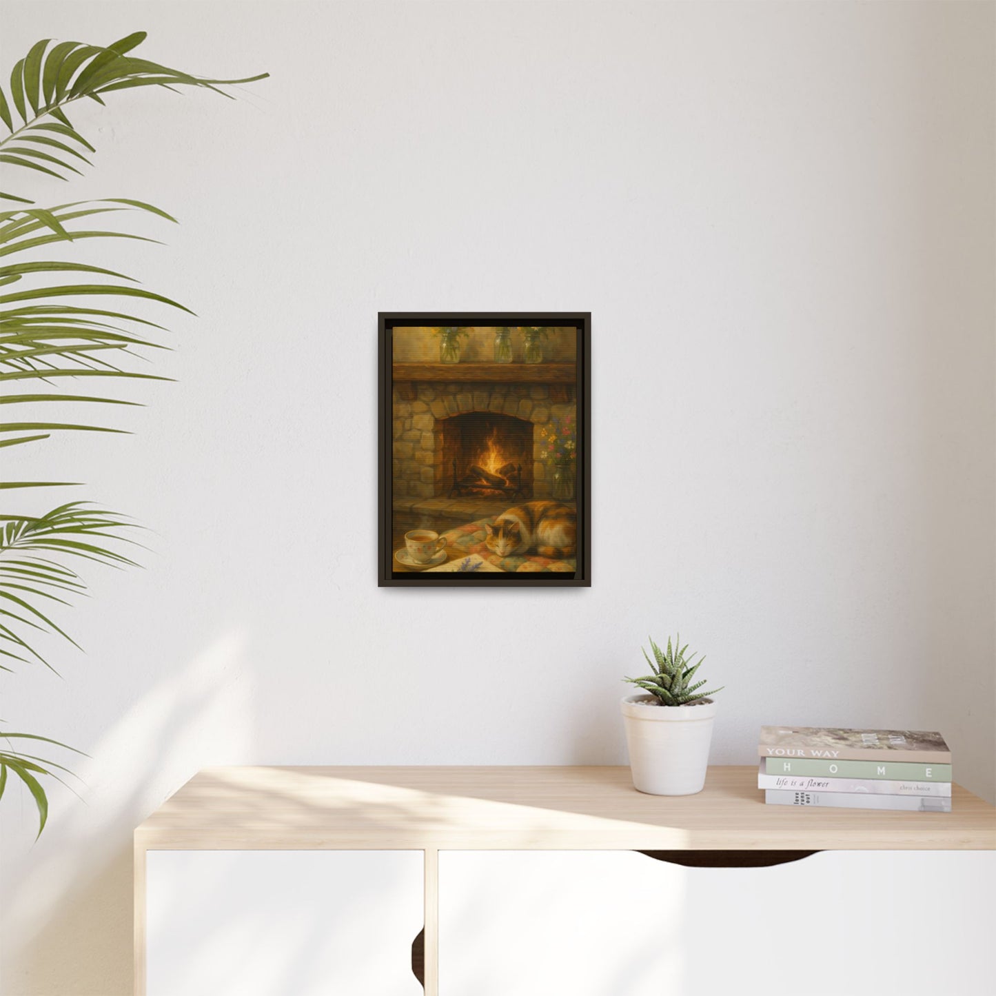 Hearthside Comfort – Framed Matte Canvas with Cat, Fireplace & Tea