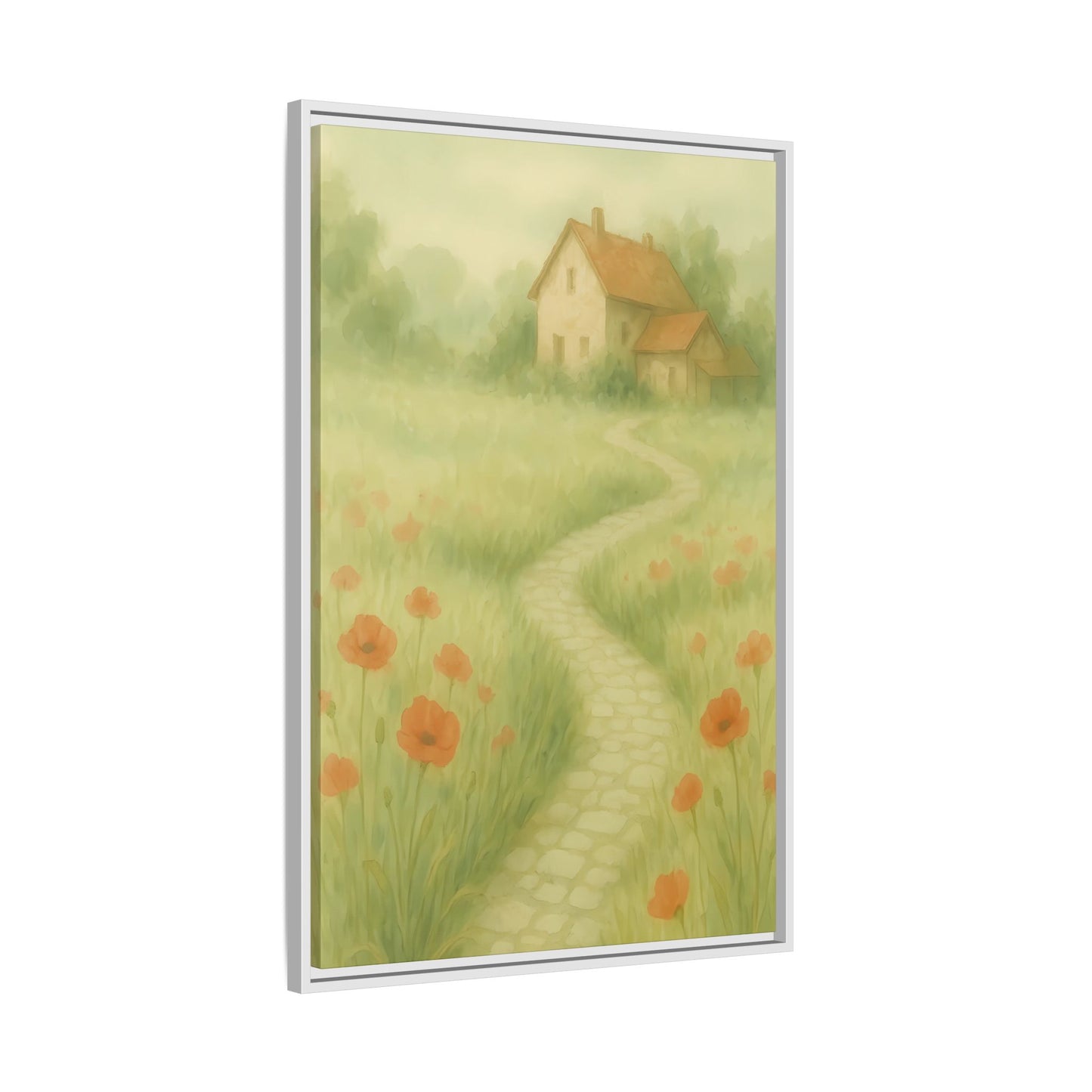 Poppy Path to Home – Framed Matte Canvas of Cottage & Flower Field Landscape