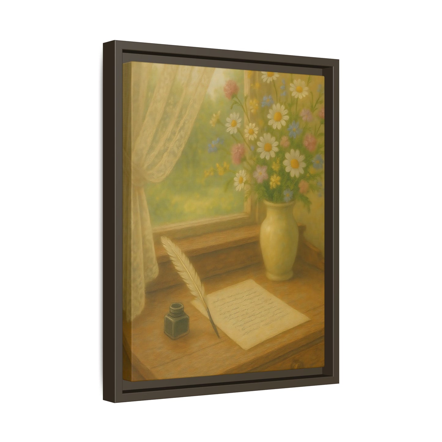Sunlit Writing Desk – Framed Matte Canvas Art of Quill, Flowers & Lace Window