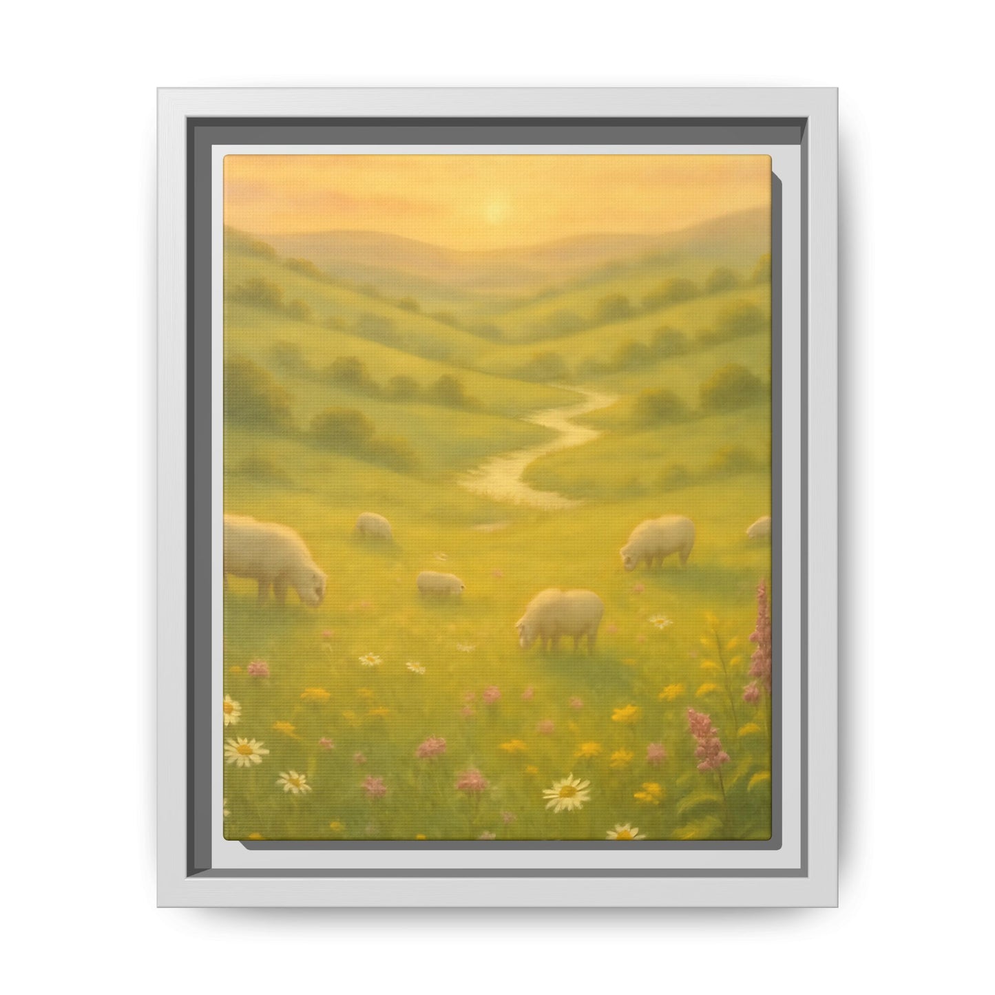 Golden Meadow Sunrise – Framed Matte Canvas Pastoral Landscape Art