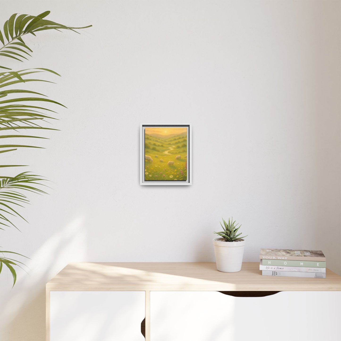 Golden Meadow Sunrise – Framed Matte Canvas Pastoral Landscape Art