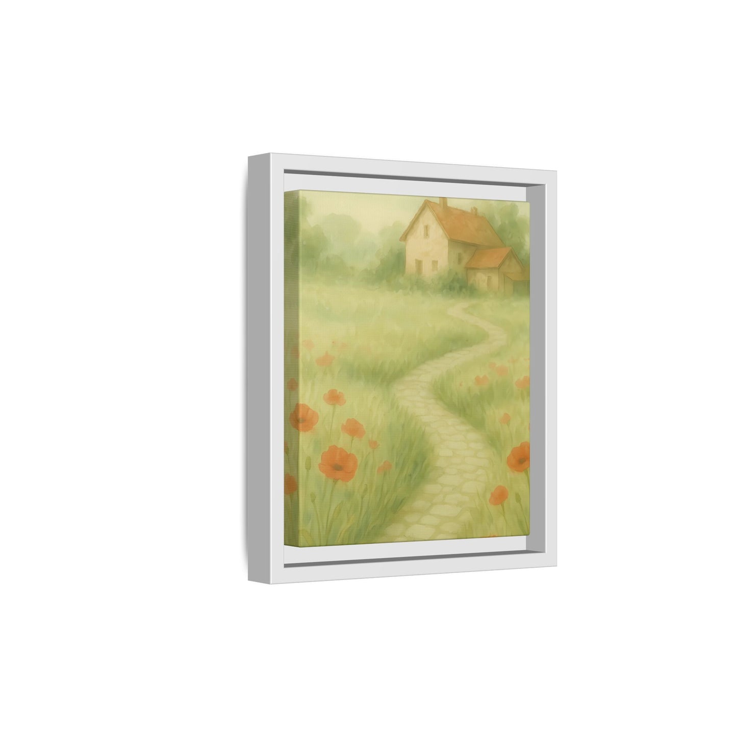 Poppy Path to Home – Framed Matte Canvas of Cottage & Flower Field Landscape