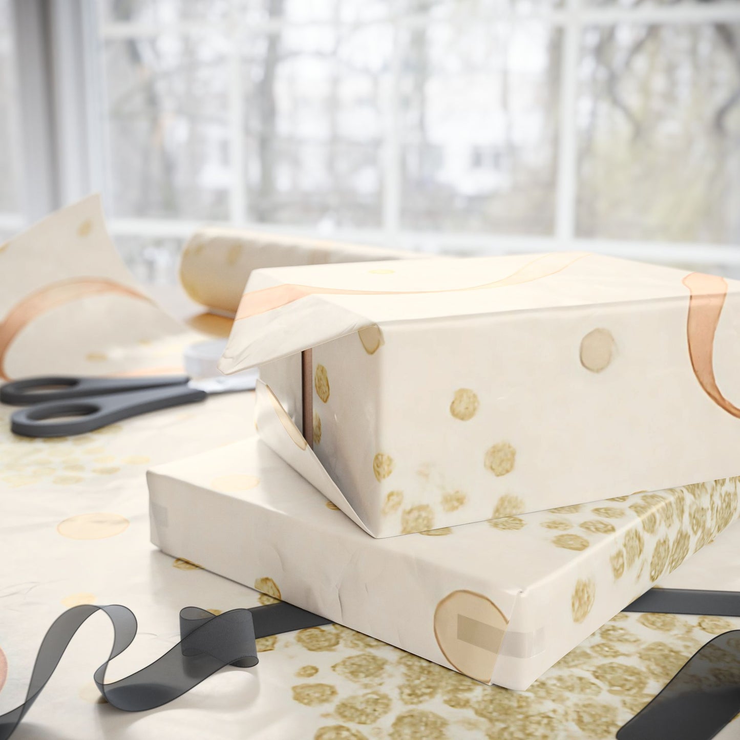 Elegant Gold Confetti & Ribbon Wrapping Paper – Luxurious Gift Wrap in Glossy or Matte Finish