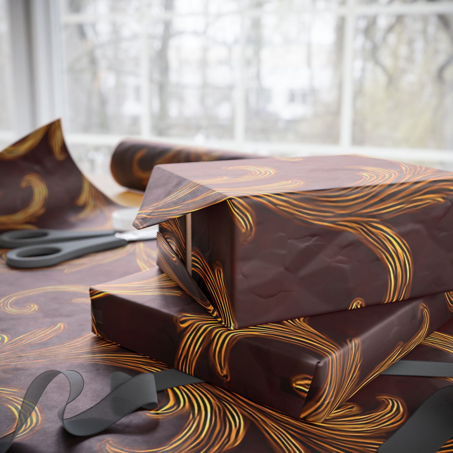 Burgundy & Gold Baroque Scroll Wrapping Paper – Luxurious Gift Wrap in Glossy or Matte Finish