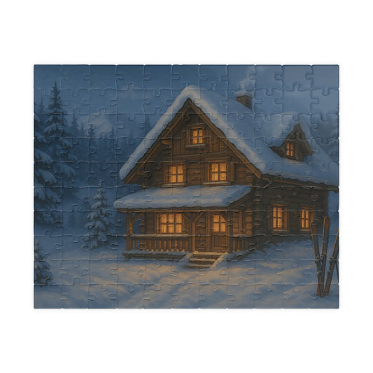 Cozy Winter Cabin Jigsaw Puzzle – Snowy Chalet at Night