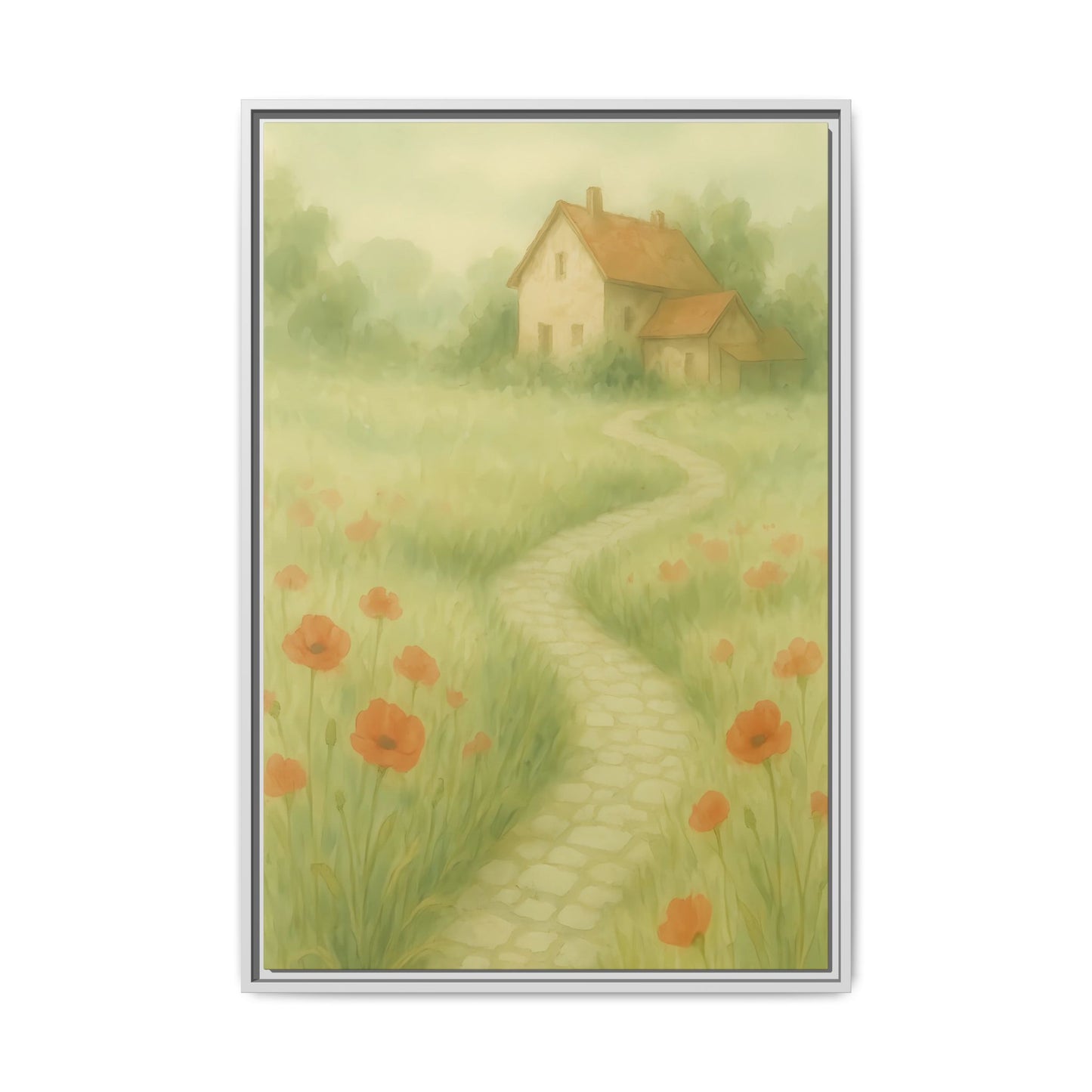 Poppy Path to Home – Framed Matte Canvas of Cottage & Flower Field Landscape
