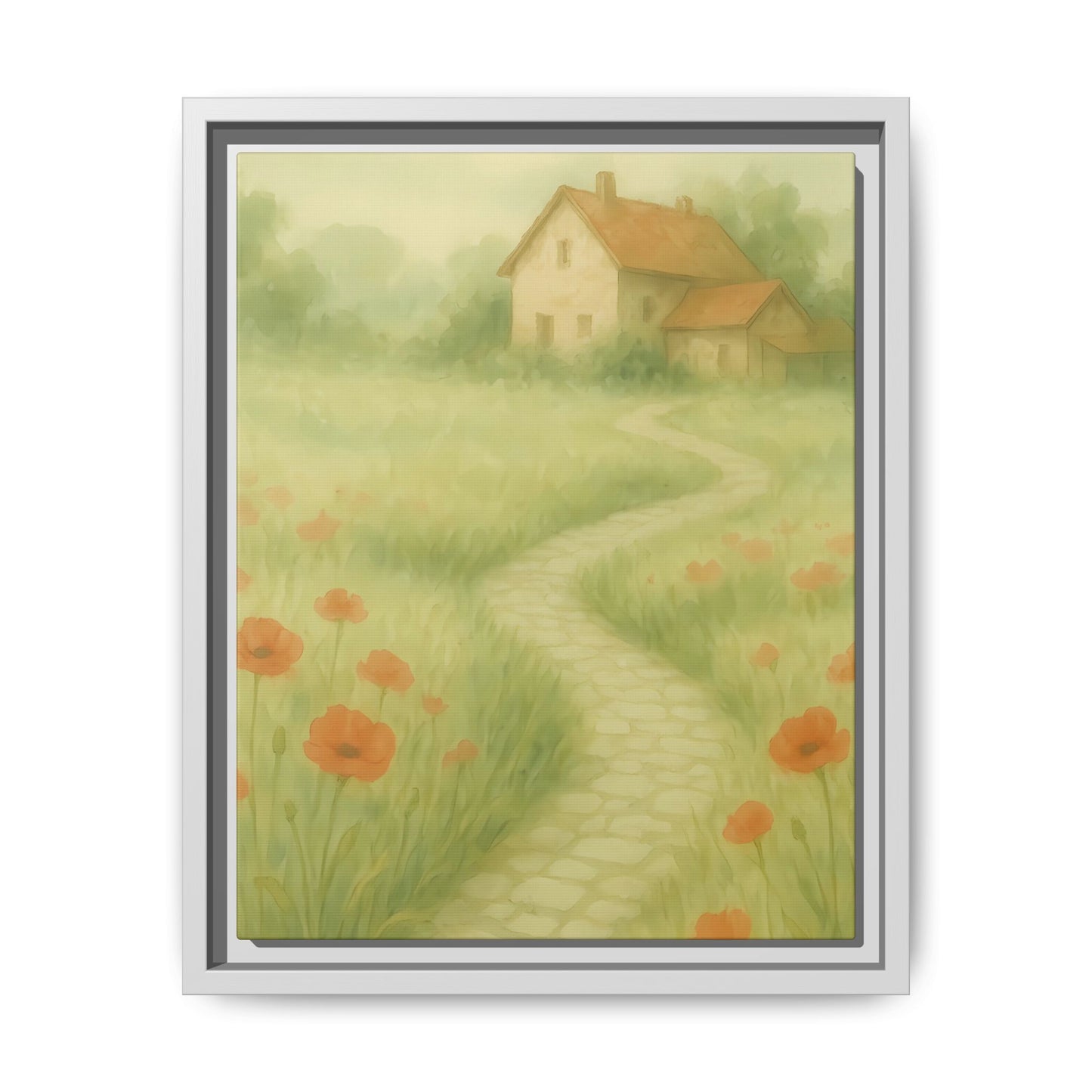 Poppy Path to Home – Framed Matte Canvas of Cottage & Flower Field Landscape