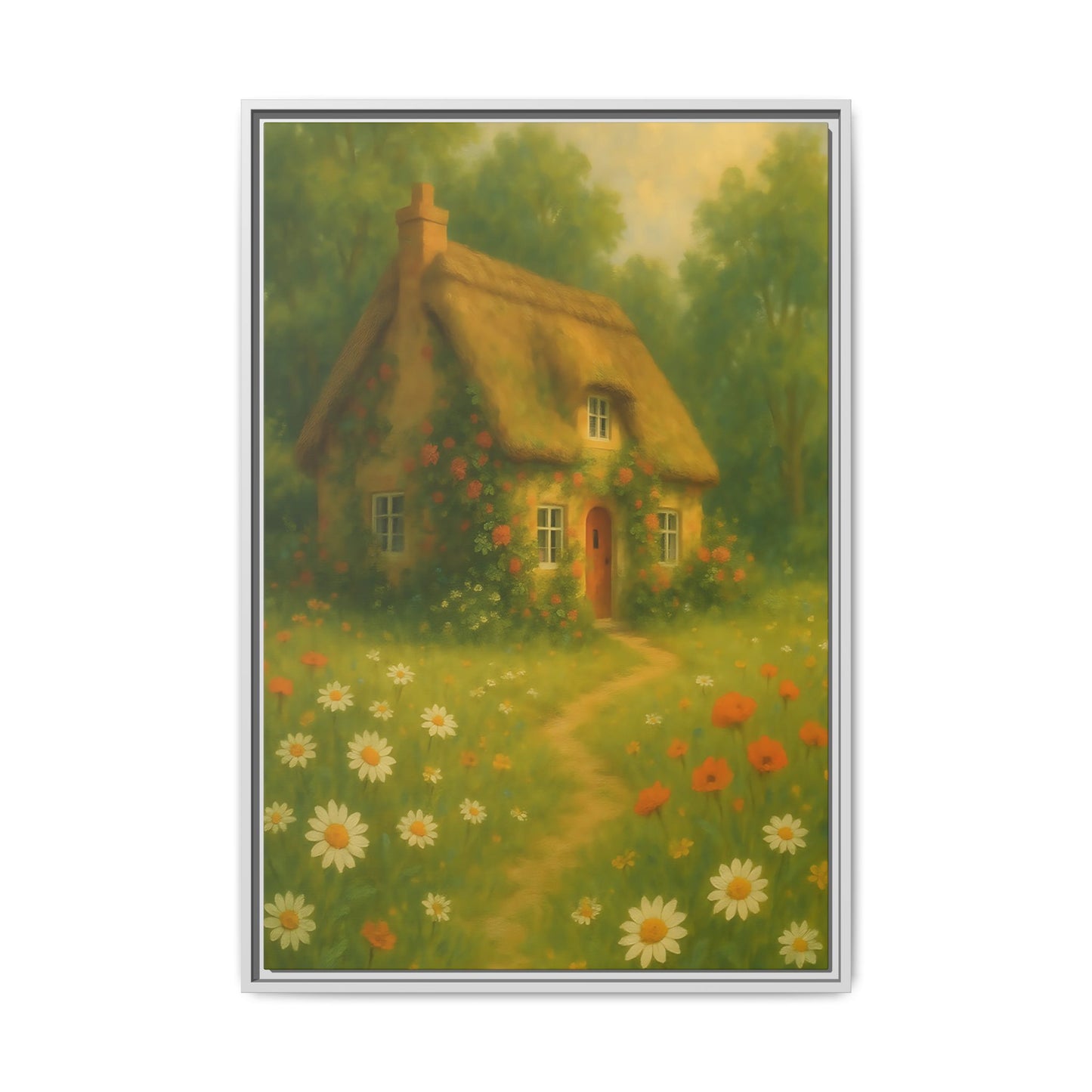 Cottage in Bloom – Framed Matte Canvas Art of Thatched Cottage & Wildflowers