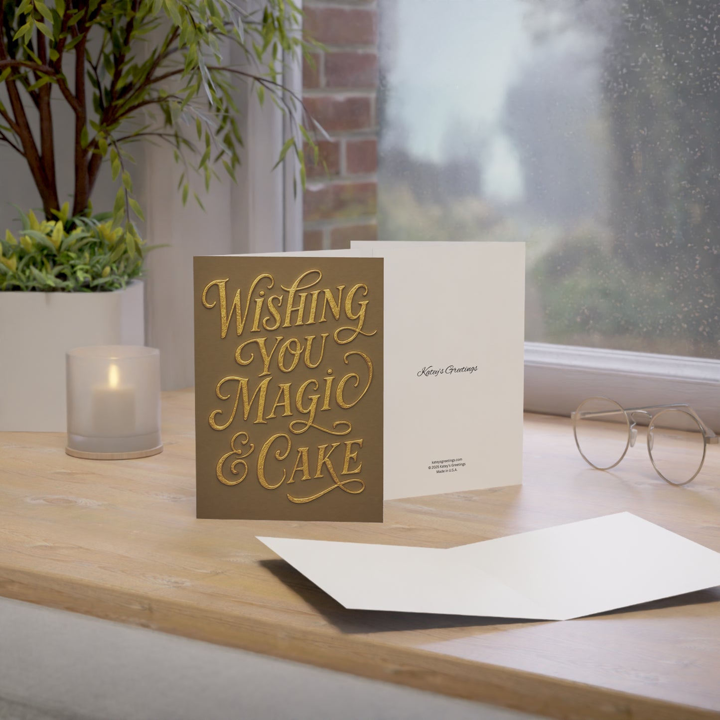 Wishing You Magic & Cake Greeting Card – Gold Foil Style Birthday Card with Envelope