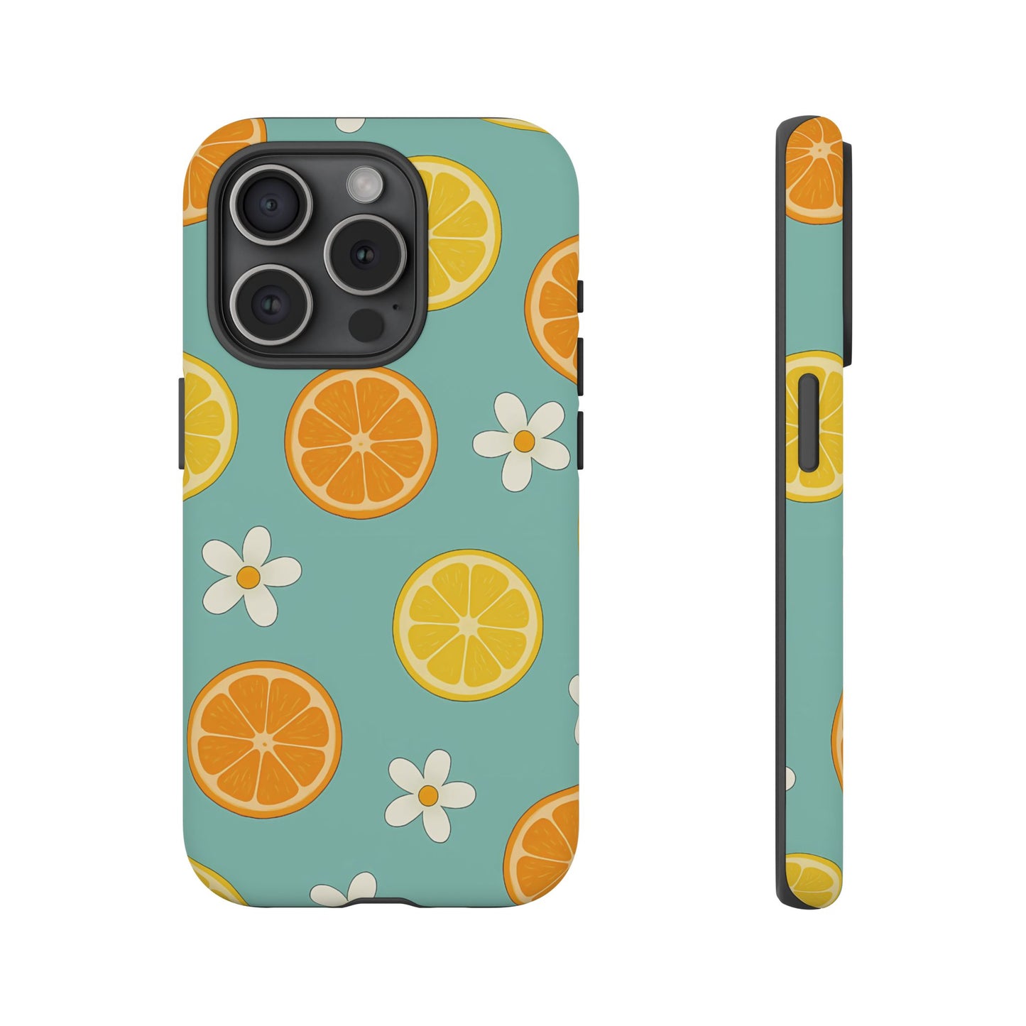 Citrus Bloom Phone Case – Orange, Lemon & Daisy Pattern on Teal