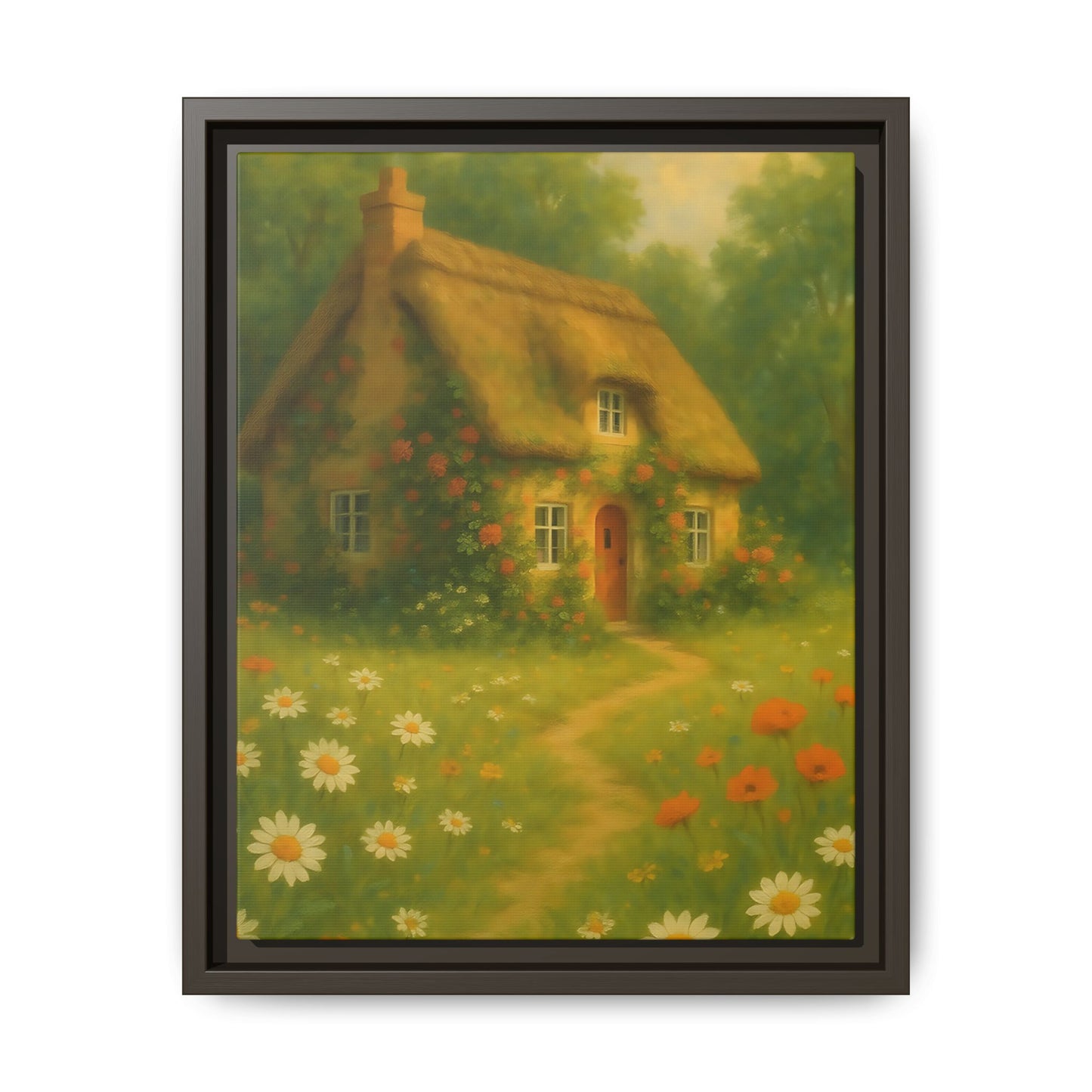 Cottage in Bloom – Framed Matte Canvas Art of Thatched Cottage & Wildflowers
