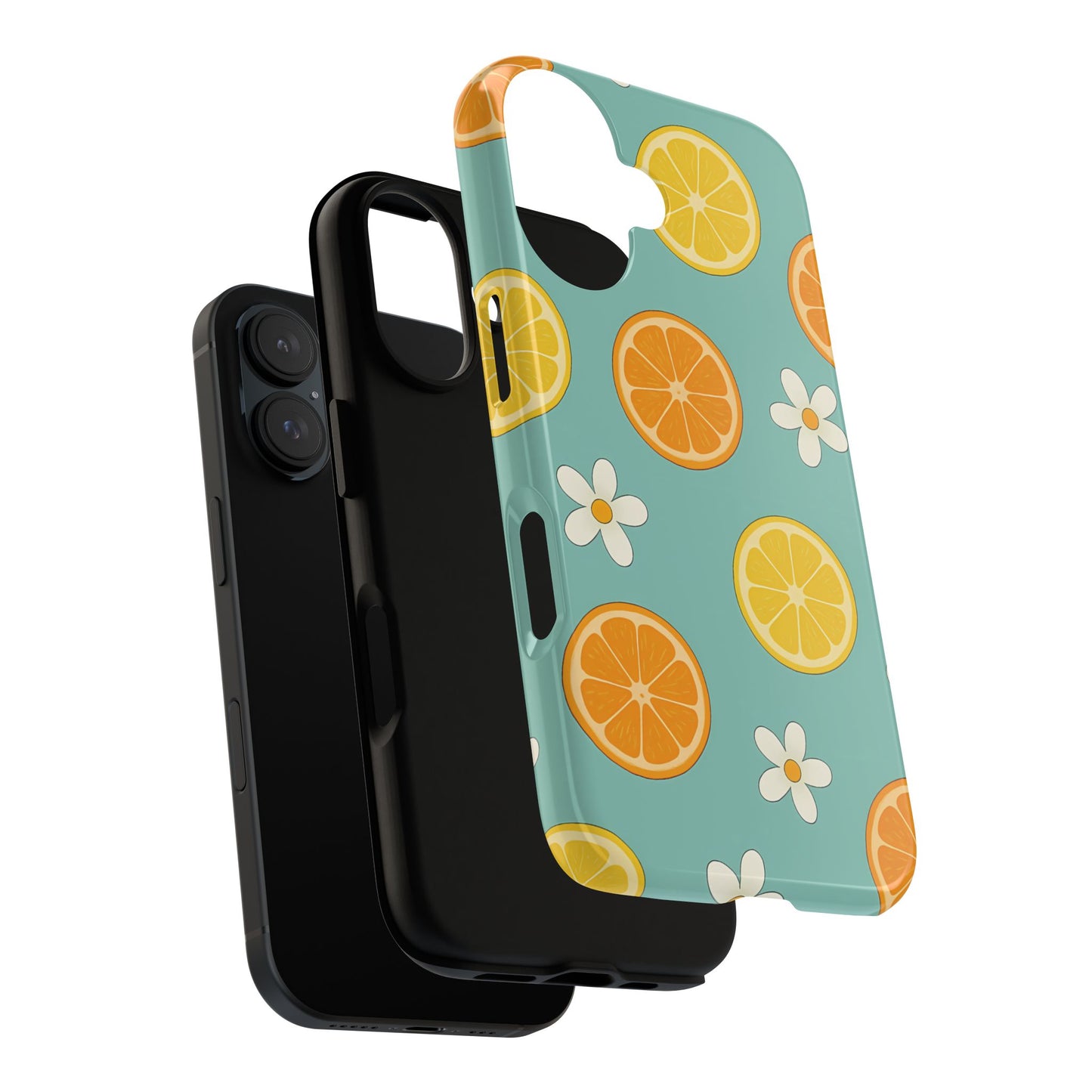 Citrus Bloom Phone Case – Orange, Lemon & Daisy Pattern on Teal