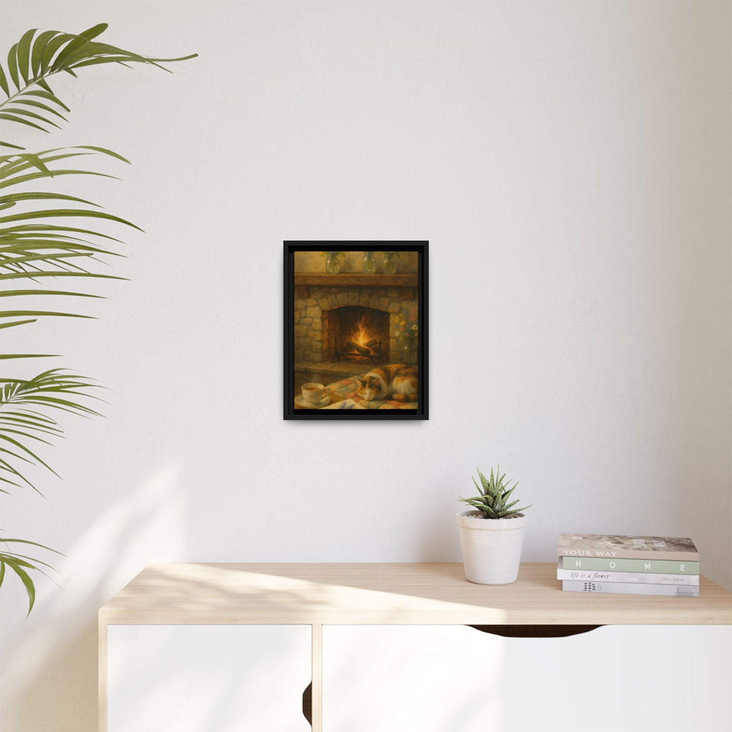 Hearthside Comfort – Framed Matte Canvas with Cat, Fireplace & Tea