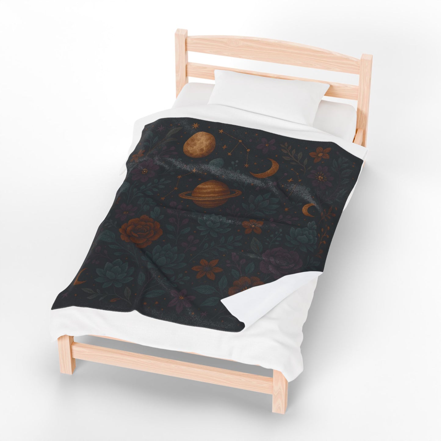 Celestial Garden Velveteen Plush Blanket – Planets, Flowers & Stars Design