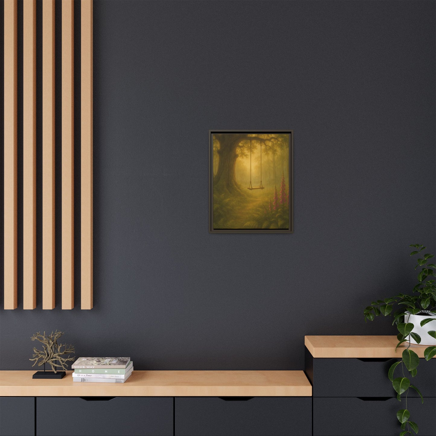 Golden Forest Swing – Framed Matte Canvas Woodland Wall Art