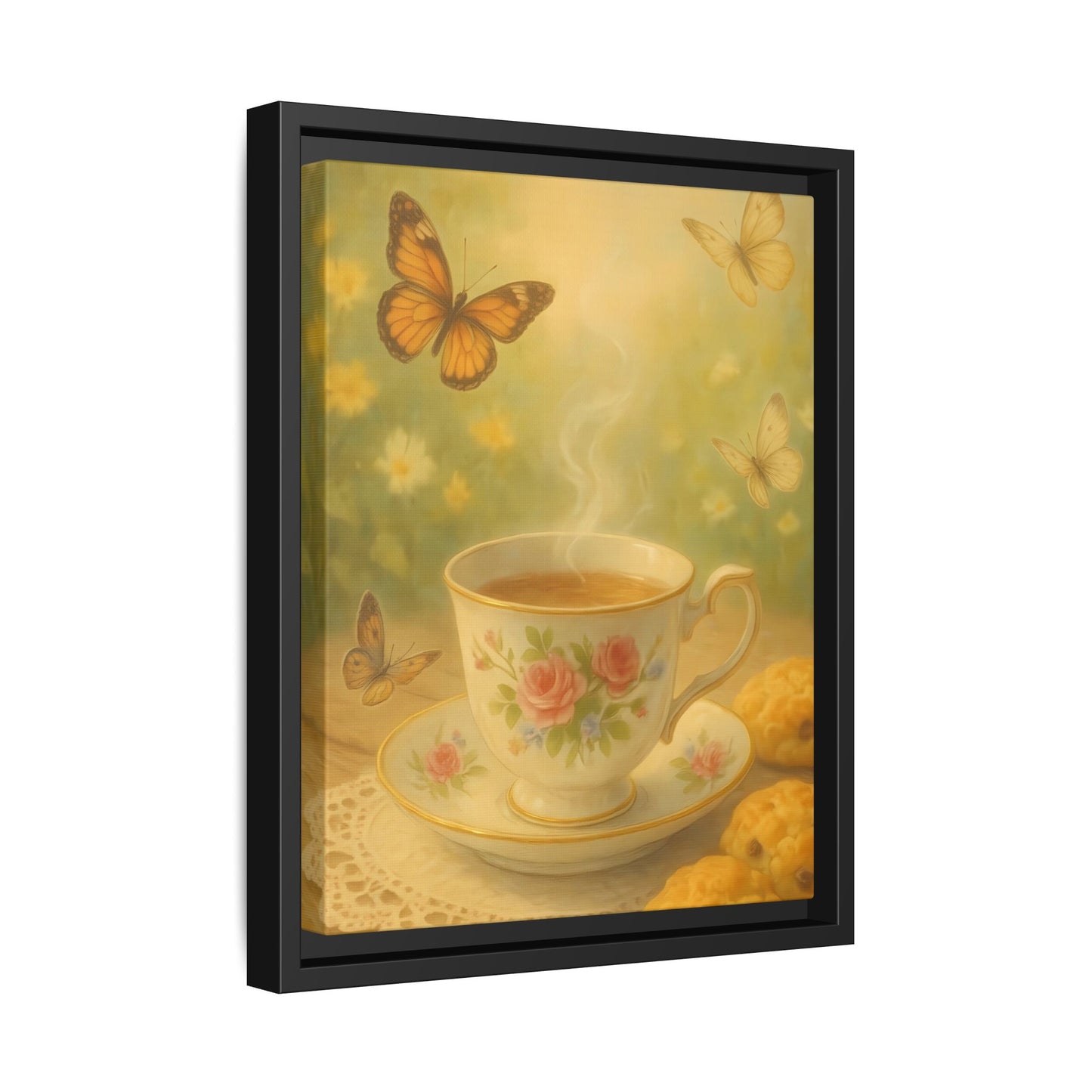 Tea & Butterflies – Framed Matte Canvas of Vintage Teacup and Garden Scene