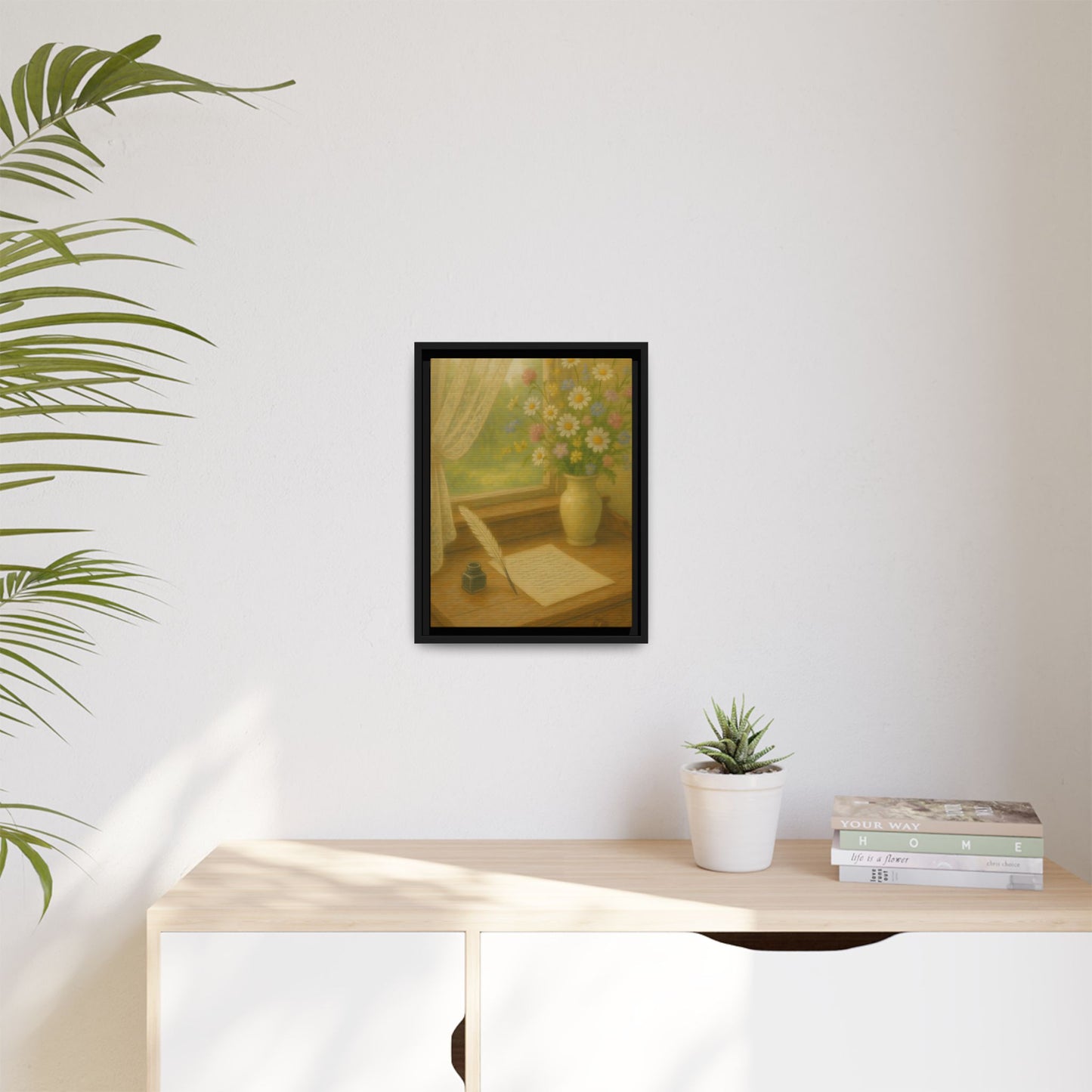 Sunlit Writing Desk – Framed Matte Canvas Art of Quill, Flowers & Lace Window