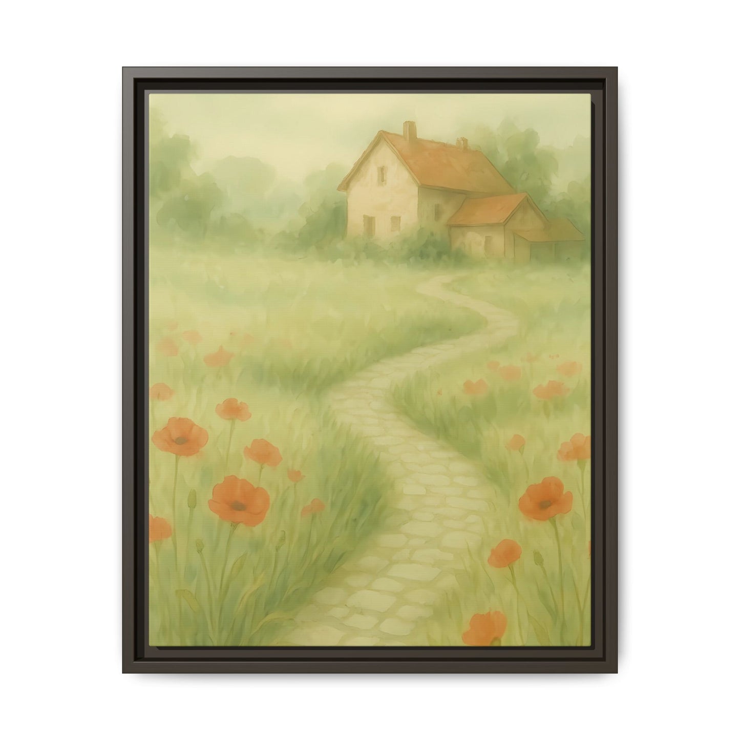 Poppy Path to Home – Framed Matte Canvas of Cottage & Flower Field Landscape