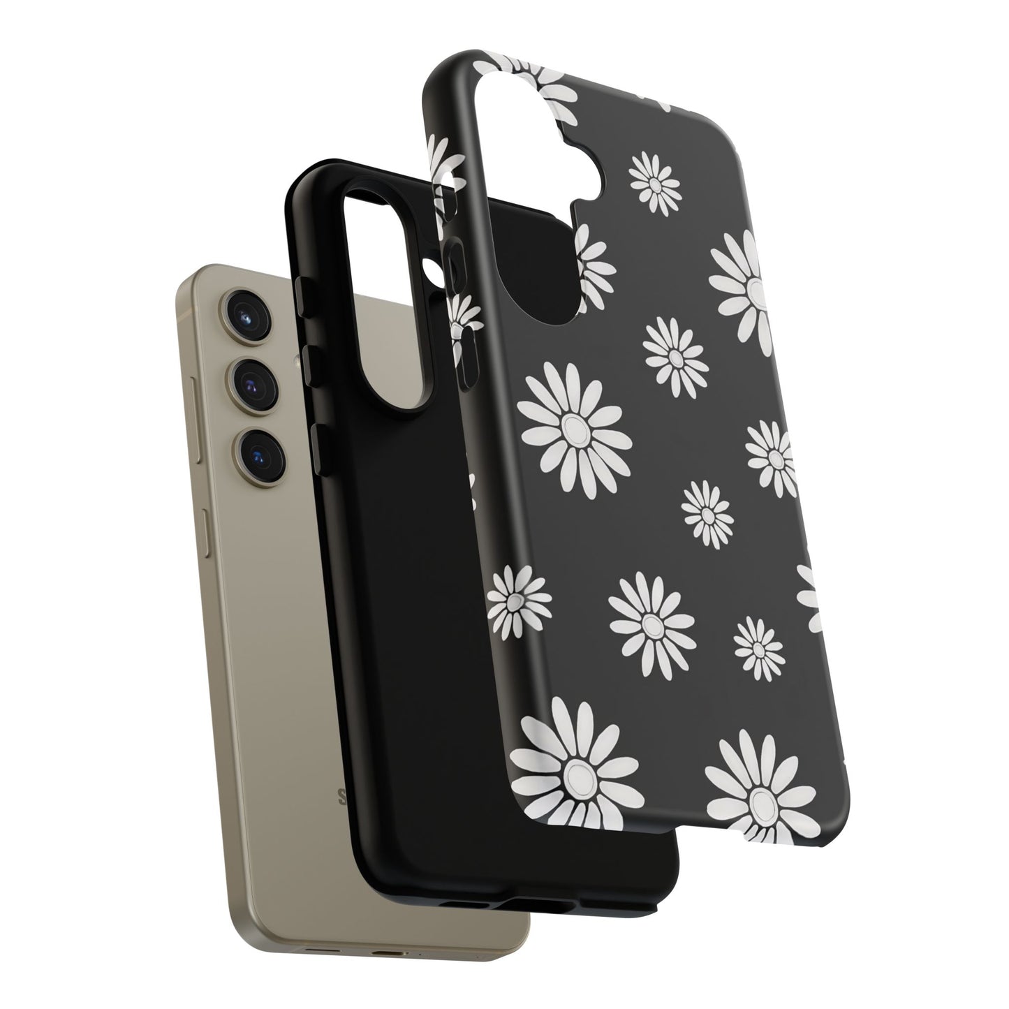 Retro Black & White Daisy Phone Case – Bold Floral Pattern with 3D Wrap Design