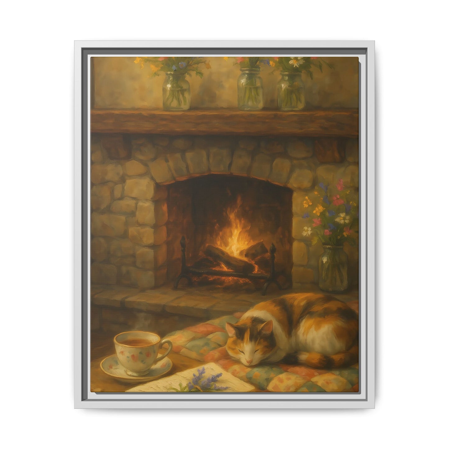 Hearthside Comfort – Framed Matte Canvas with Cat, Fireplace & Tea