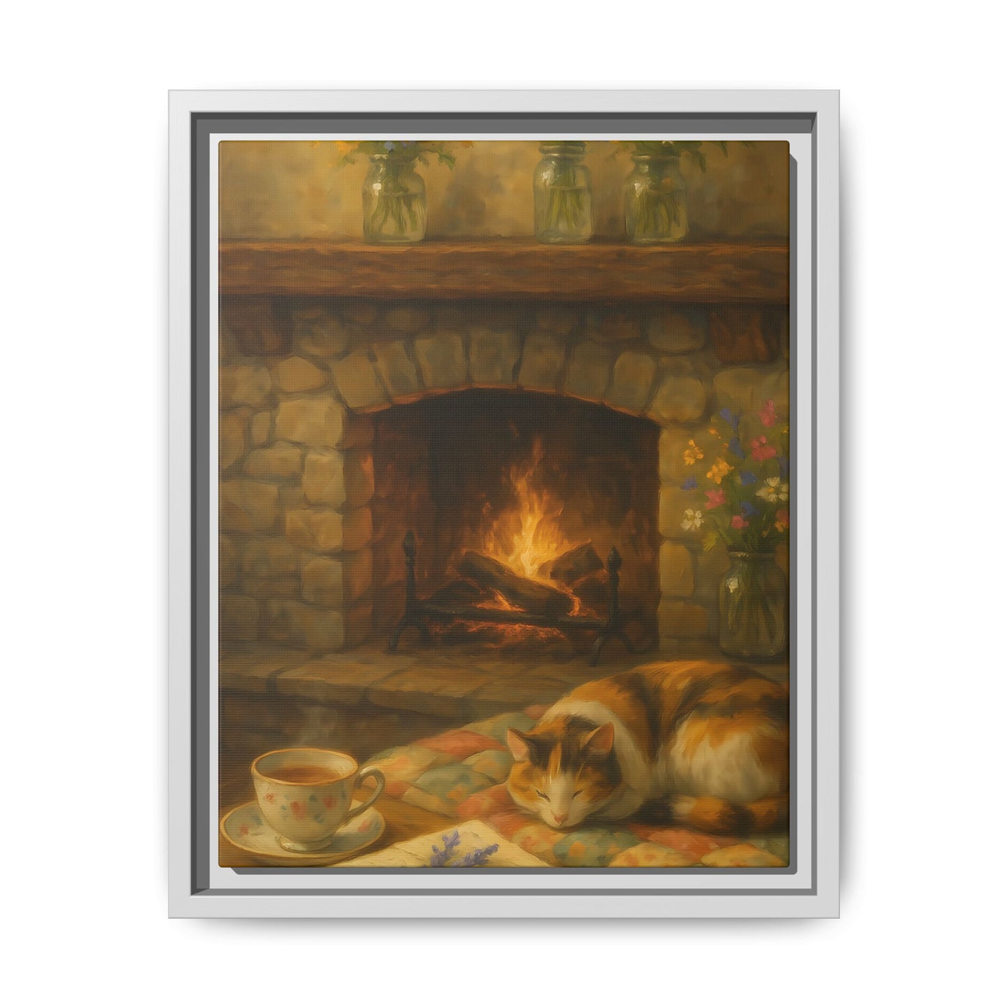 Hearthside Comfort – Framed Matte Canvas with Cat, Fireplace & Tea