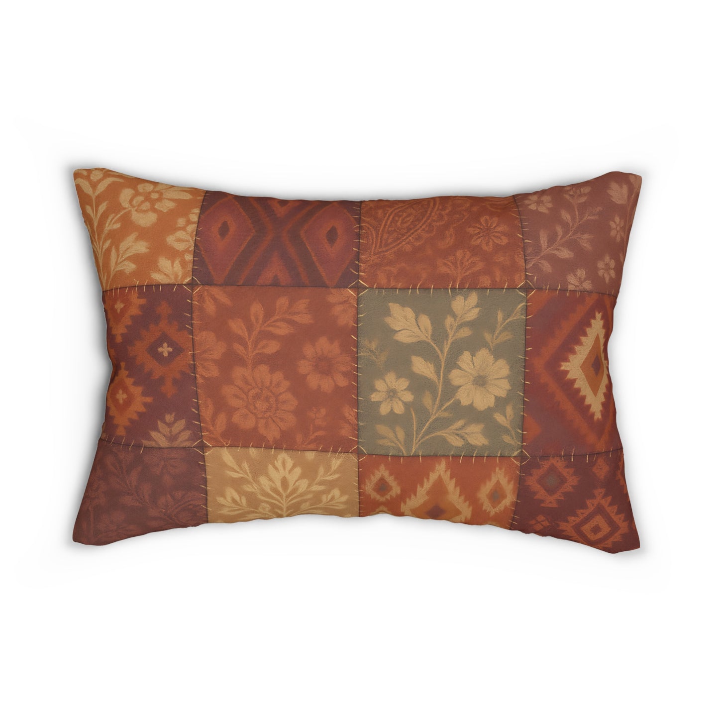Rustic Patchwork Lumbar Throw Pillow – Boho Floral & Geometric Design