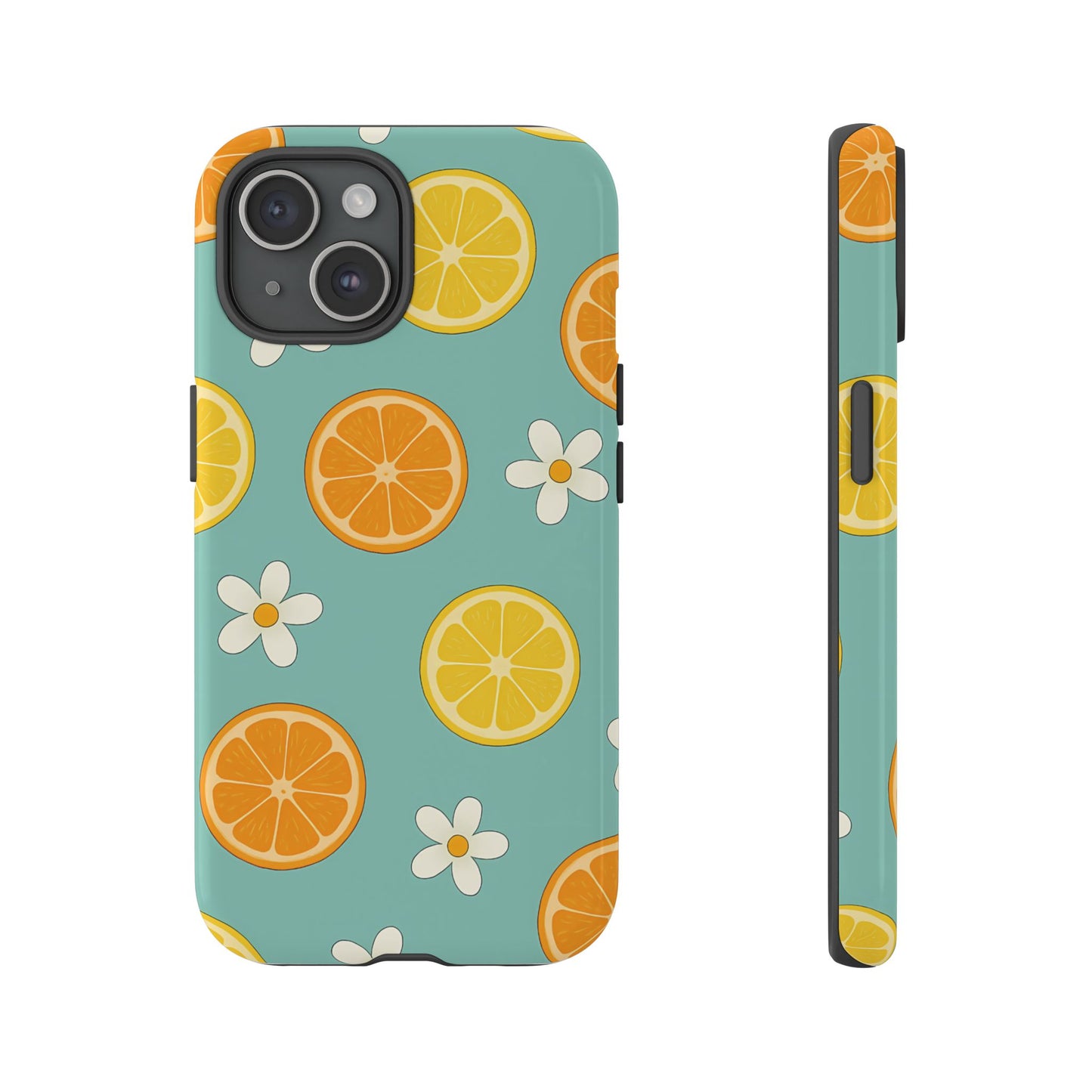 Citrus Bloom Phone Case – Orange, Lemon & Daisy Pattern on Teal