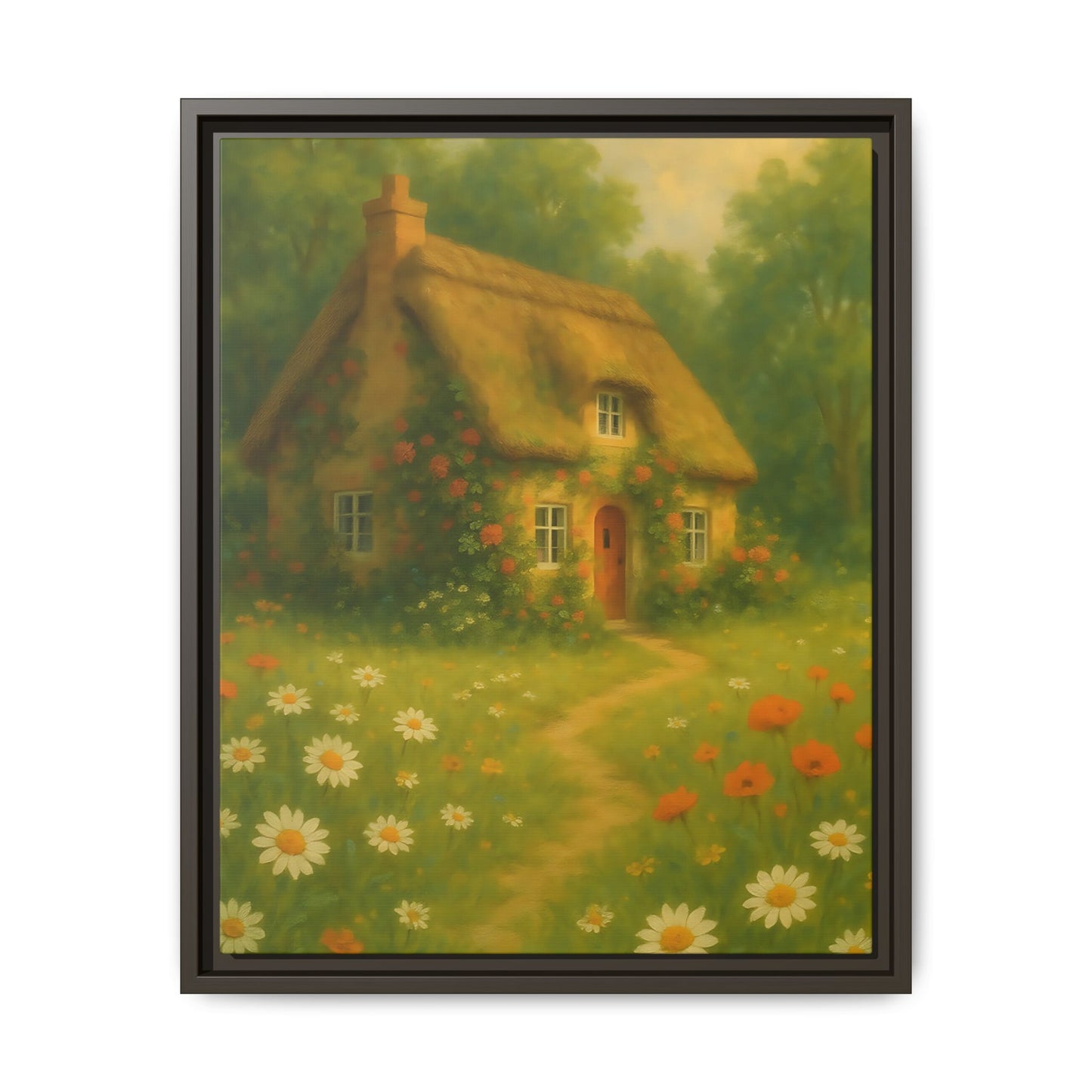 Cottage in Bloom – Framed Matte Canvas Art of Thatched Cottage & Wildflowers