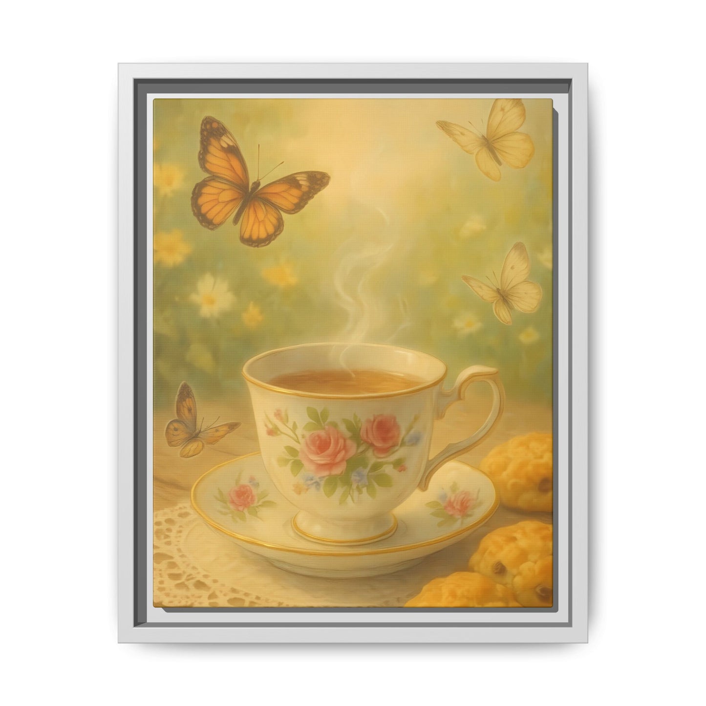 Tea & Butterflies – Framed Matte Canvas of Vintage Teacup and Garden Scene