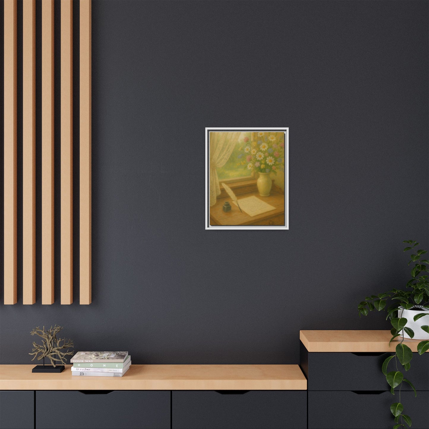Sunlit Writing Desk – Framed Matte Canvas Art of Quill, Flowers & Lace Window