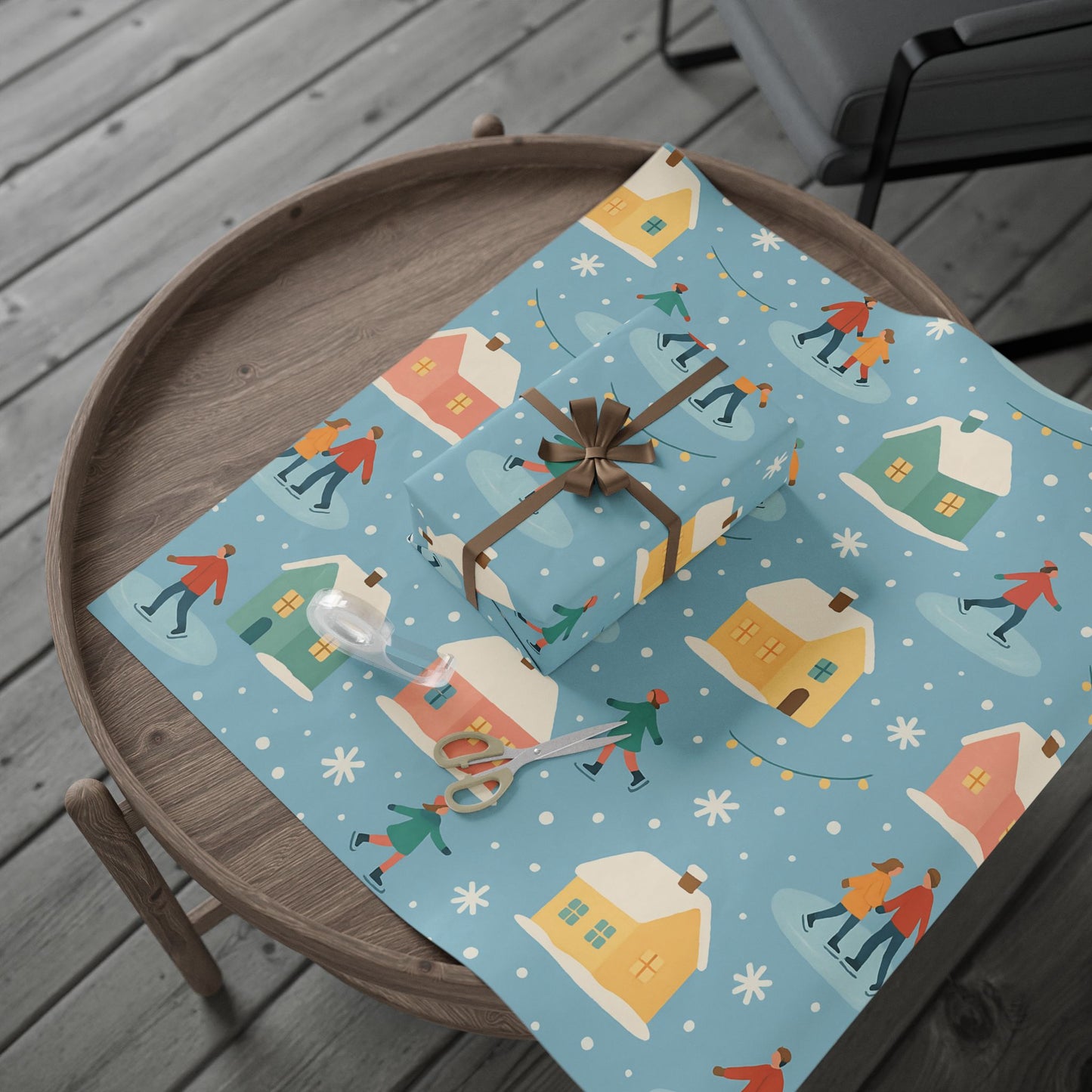 Pastel Winter Village Wrapping Paper with Ice Skaters – Holiday Gift Wrap in Matte or Glossy