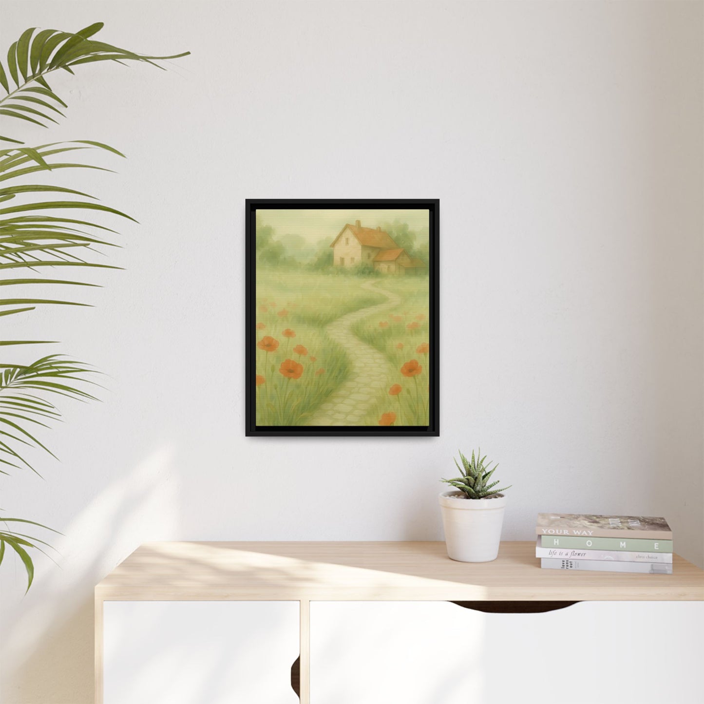 Poppy Path to Home – Framed Matte Canvas of Cottage & Flower Field Landscape