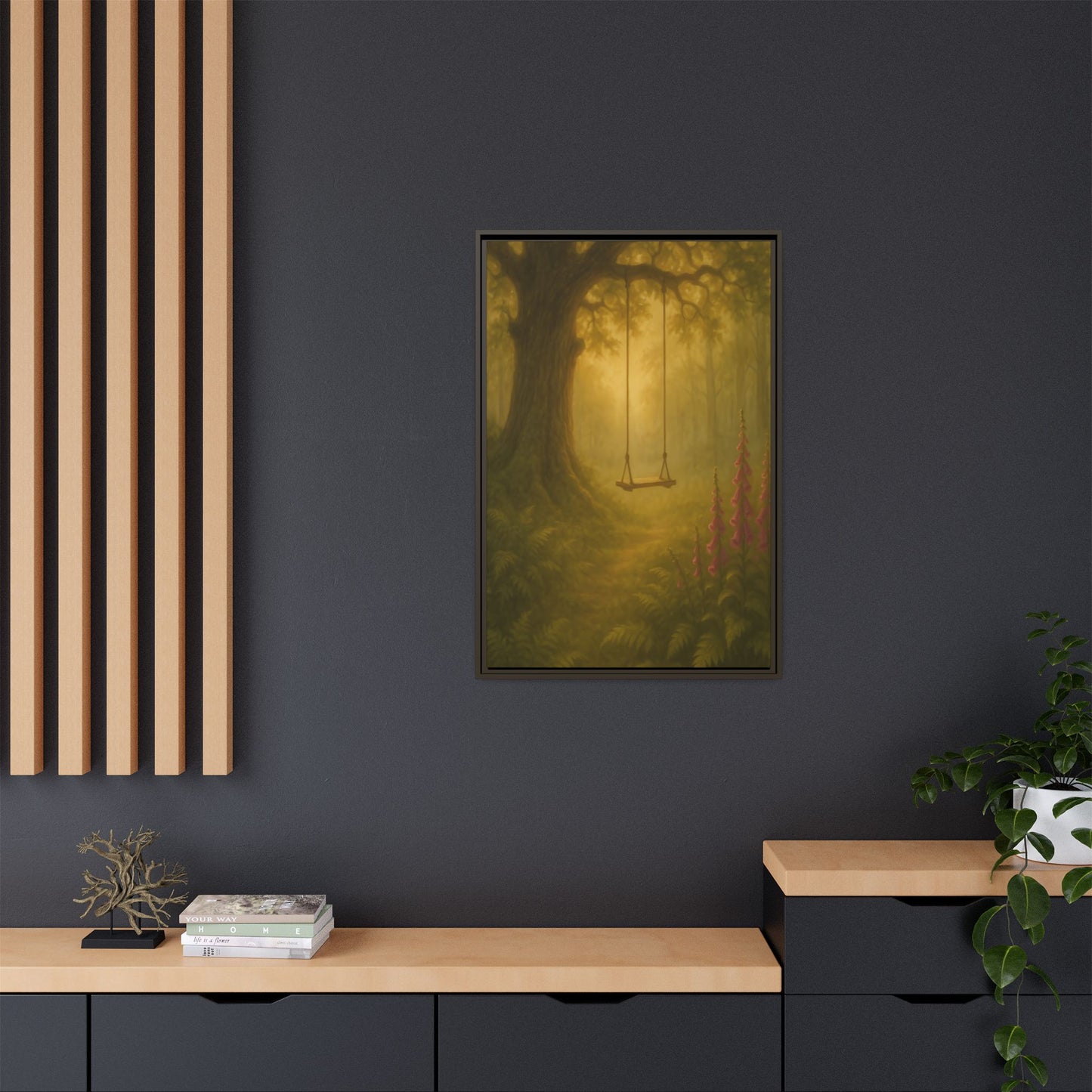 Golden Forest Swing – Framed Matte Canvas Woodland Wall Art
